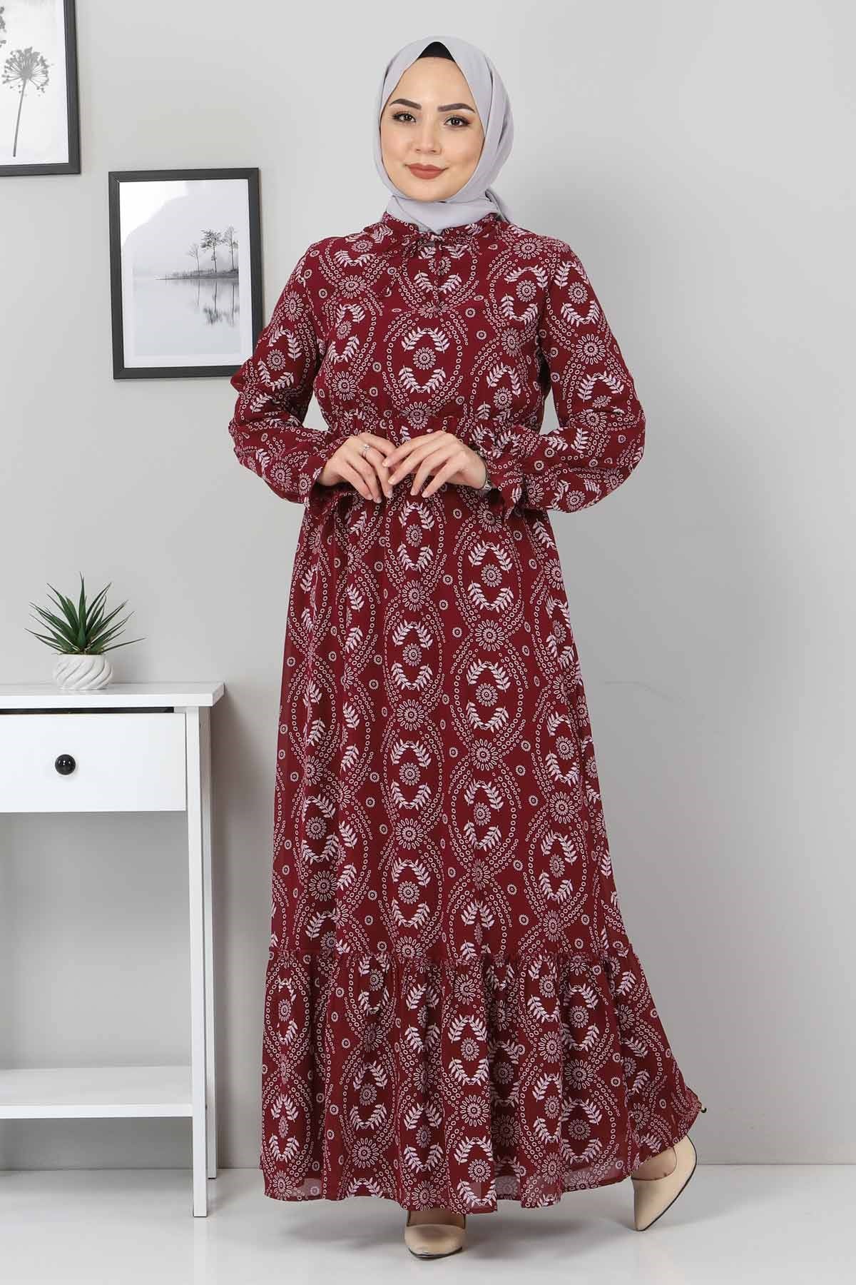 Beli Lastikli Tesettür Elbise Bordo 10729