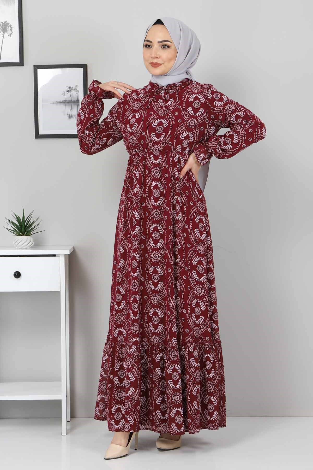 Beli Lastikli Tesettür Elbise Bordo 10729
