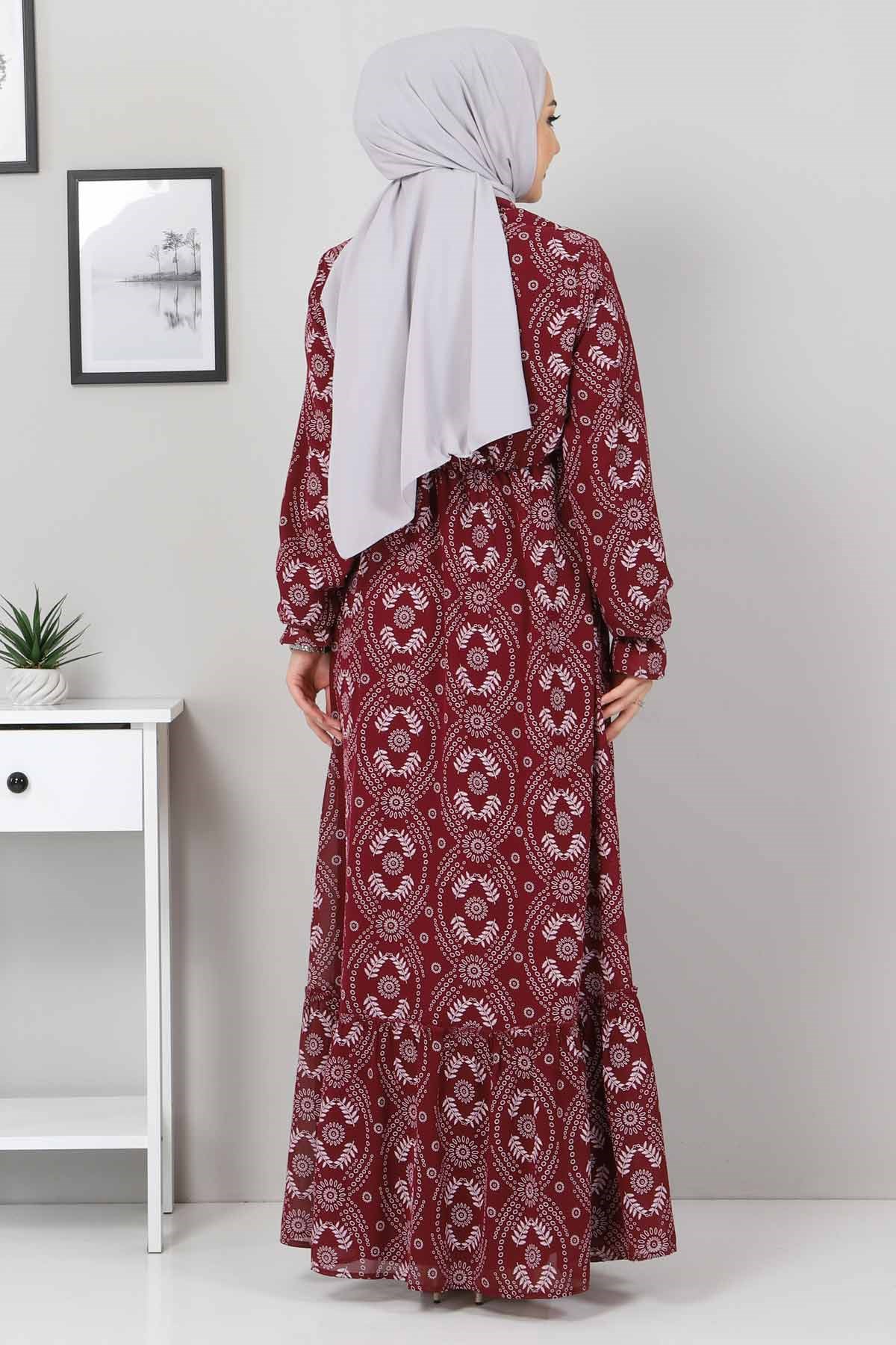 Beli Lastikli Tesettür Elbise Bordo 10729