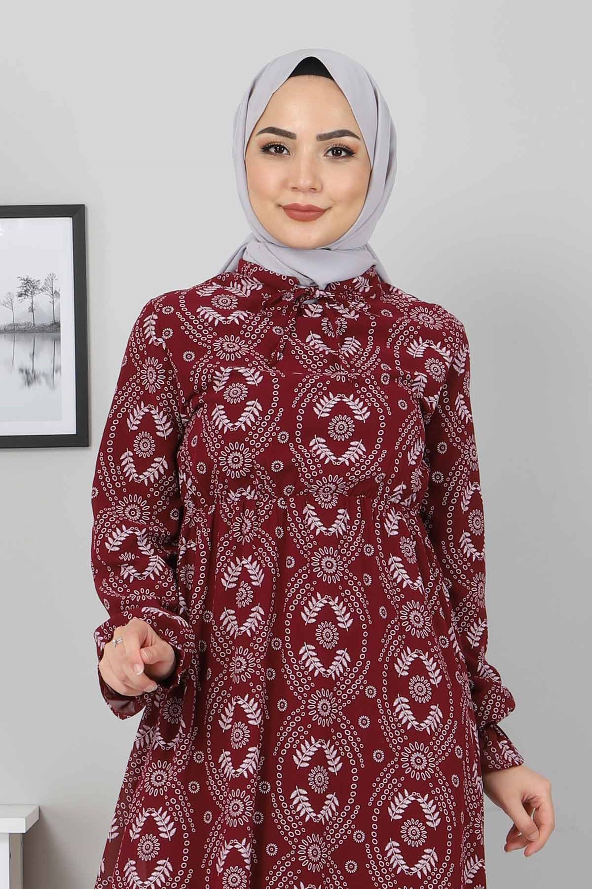 Beli Lastikli Tesettür Elbise Bordo 10729