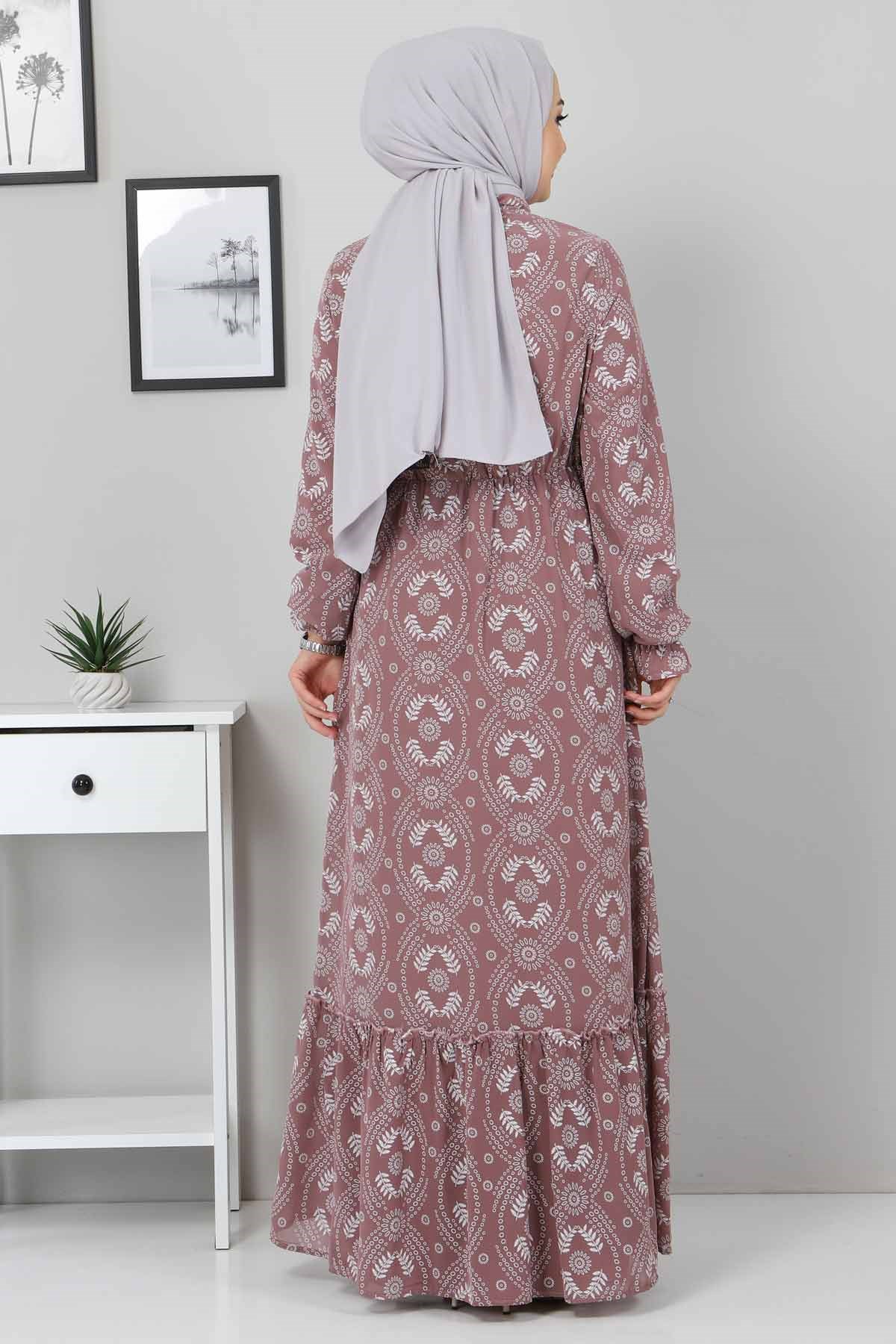 Beli Lastikli Tesettür Elbise Lila 10729
