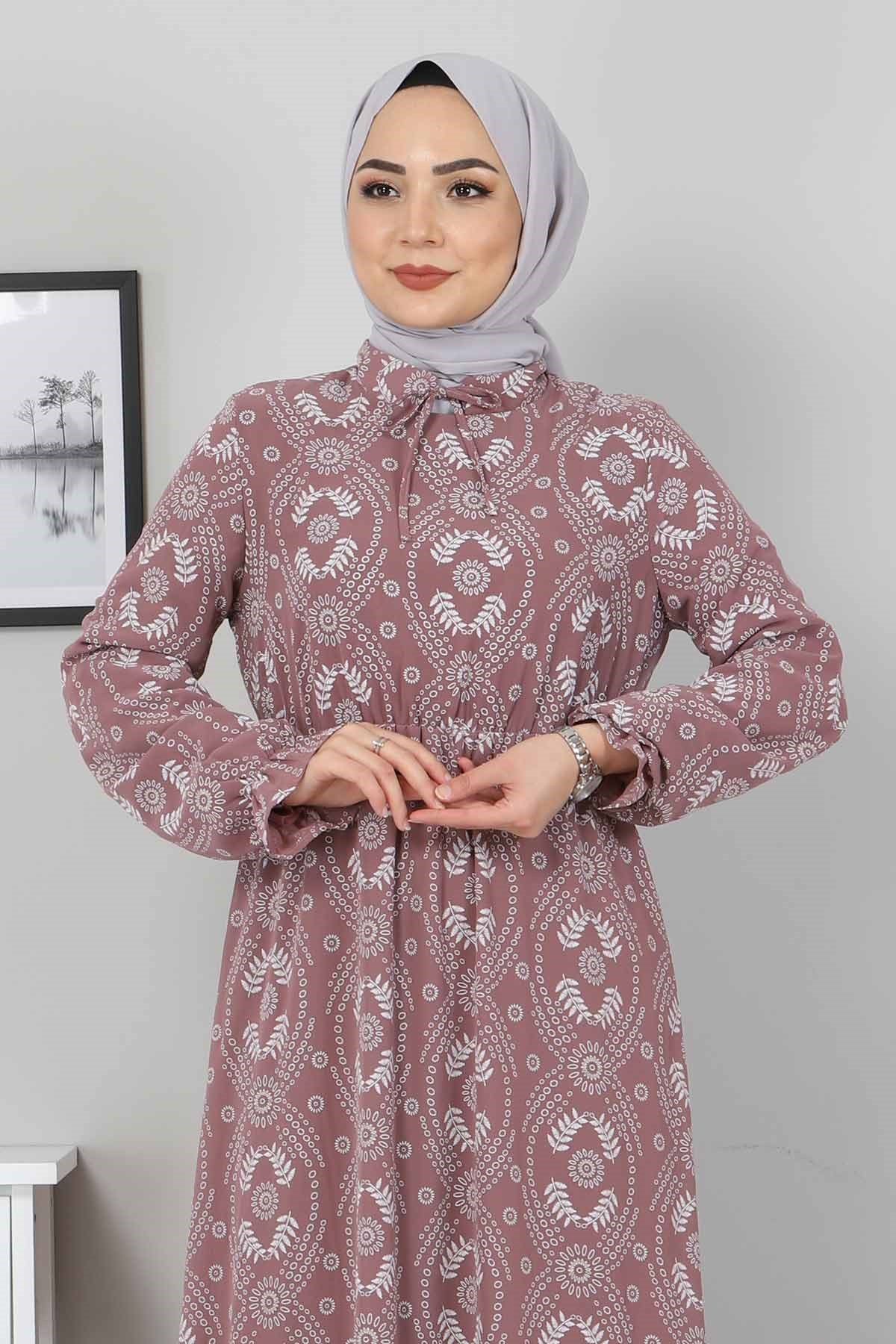 Beli Lastikli Tesettür Elbise Lila 10729