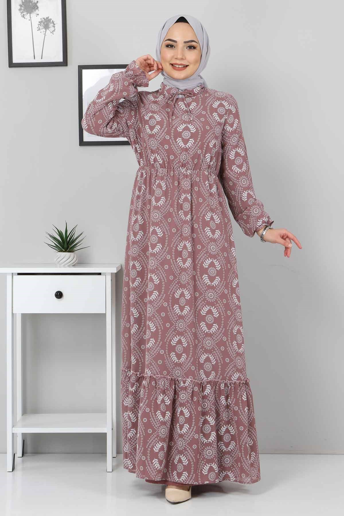 Beli Lastikli Tesettür Elbise Lila 10729