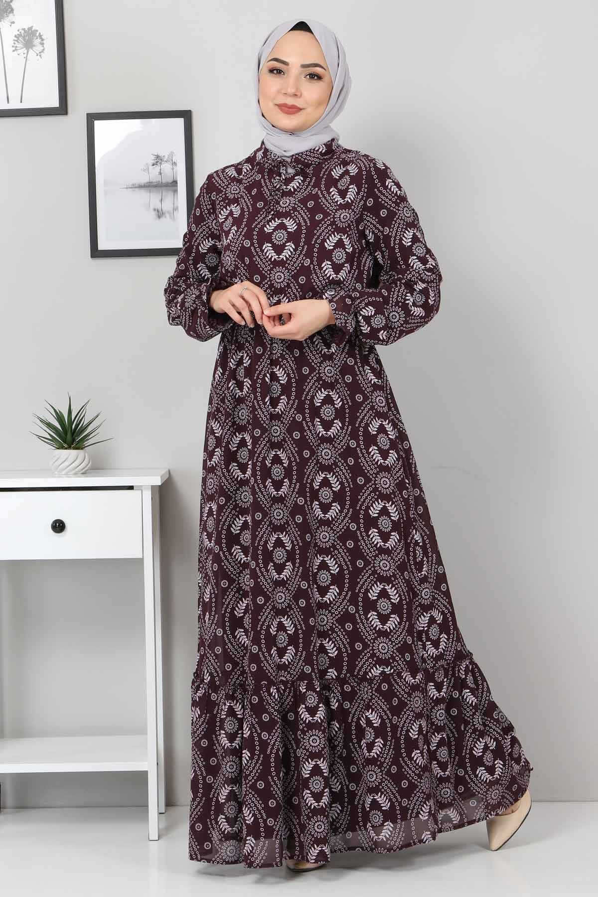 Beli Lastikli Tesettür Elbise Mor 10729