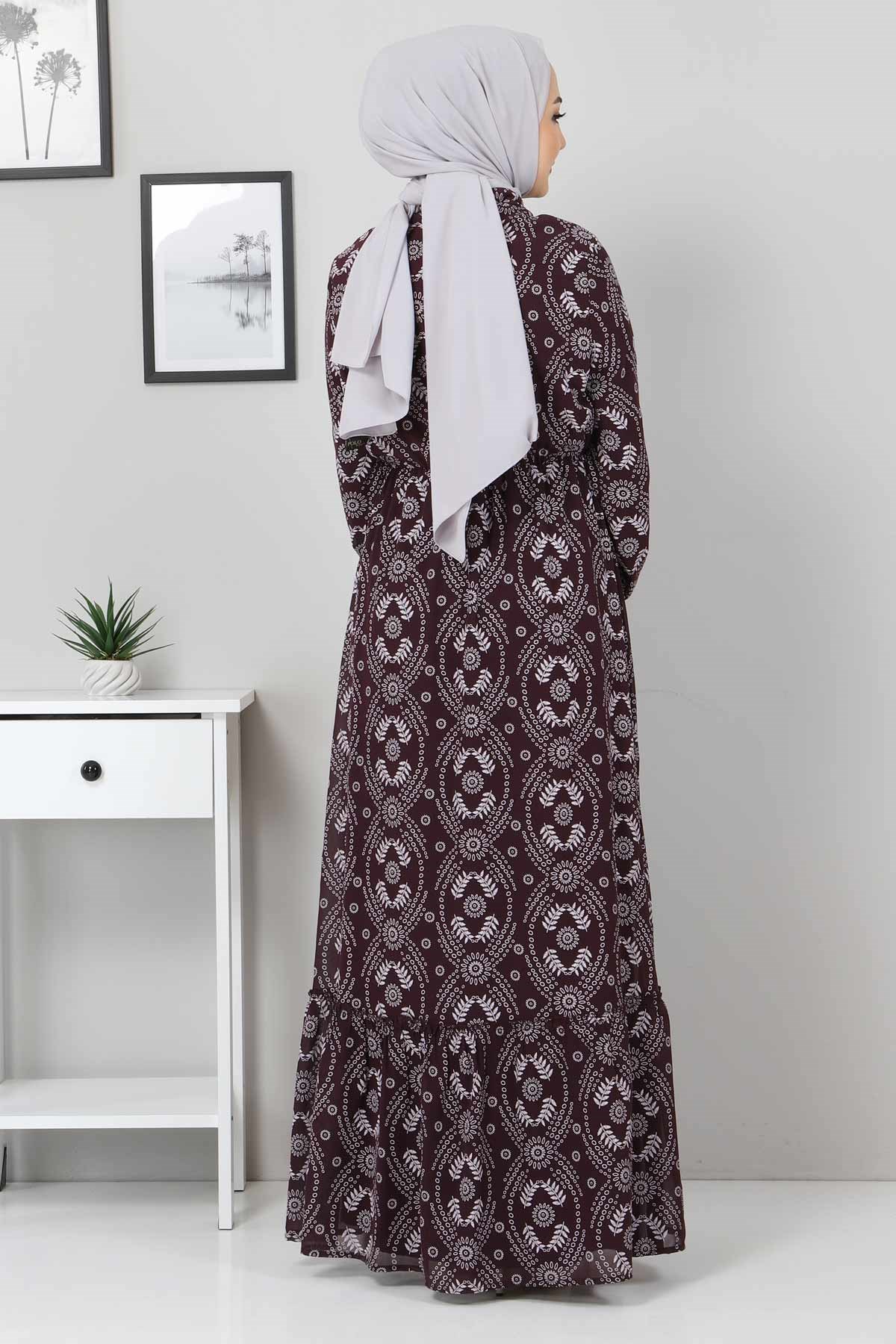 Beli Lastikli Tesettür Elbise Mor 10729