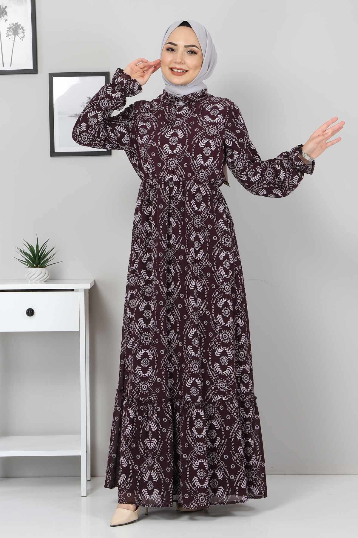 Beli Lastikli Tesettür Elbise Mor 10729