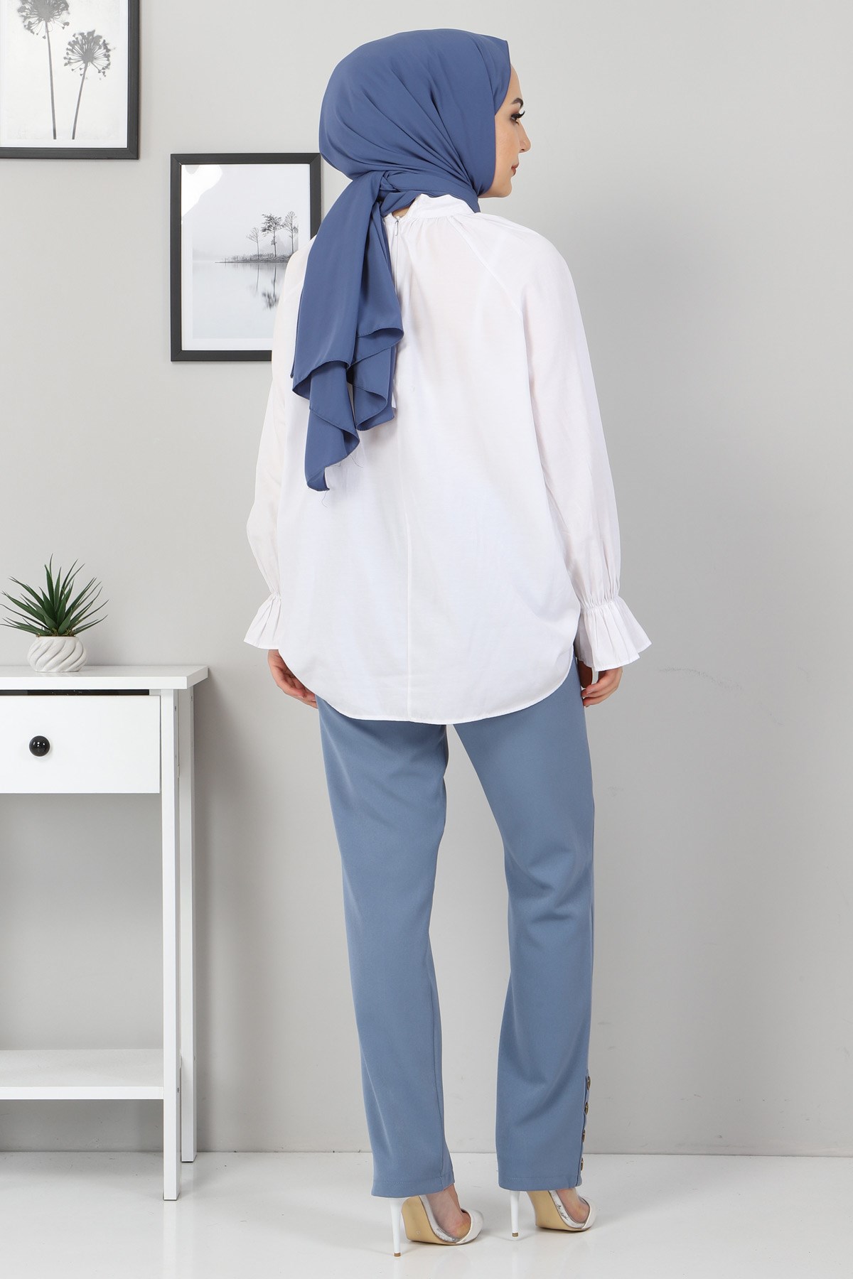 Biye Detaylı Kumaş Pantolon Mavi 10631