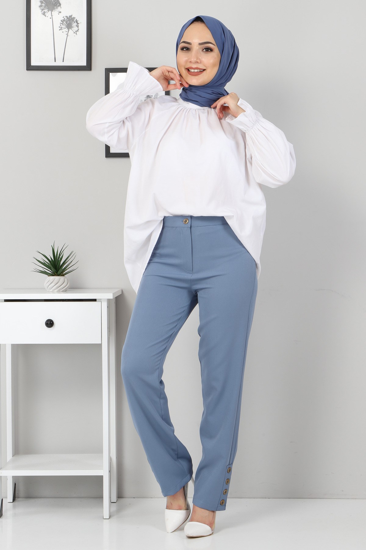 Biye Detaylı Kumaş Pantolon Mavi 10631