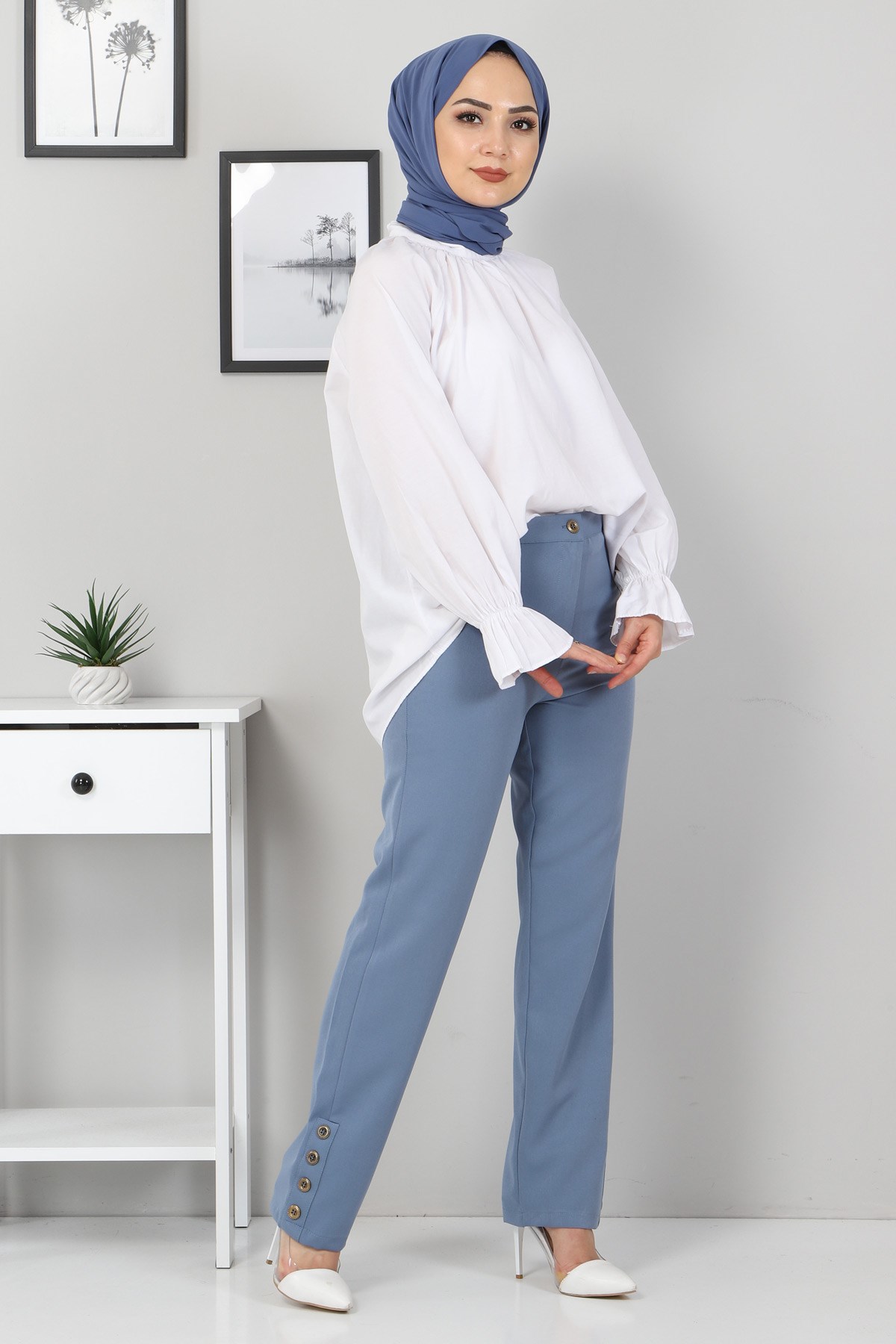 Biye Detaylı Kumaş Pantolon Mavi 10631