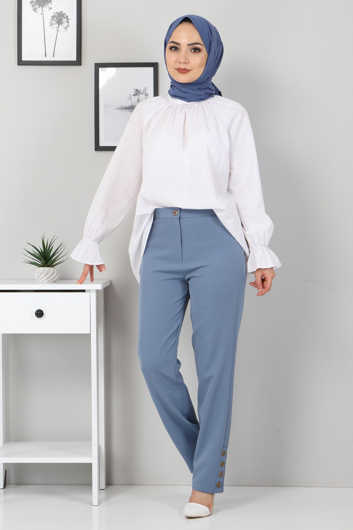 Biye Detaylı Kumaş Pantolon Mavi 10631