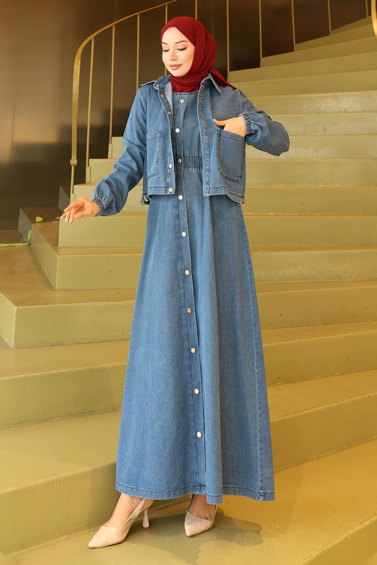 Boydan Düğmeli Ceketli Kot Takım Açık Kot 19281