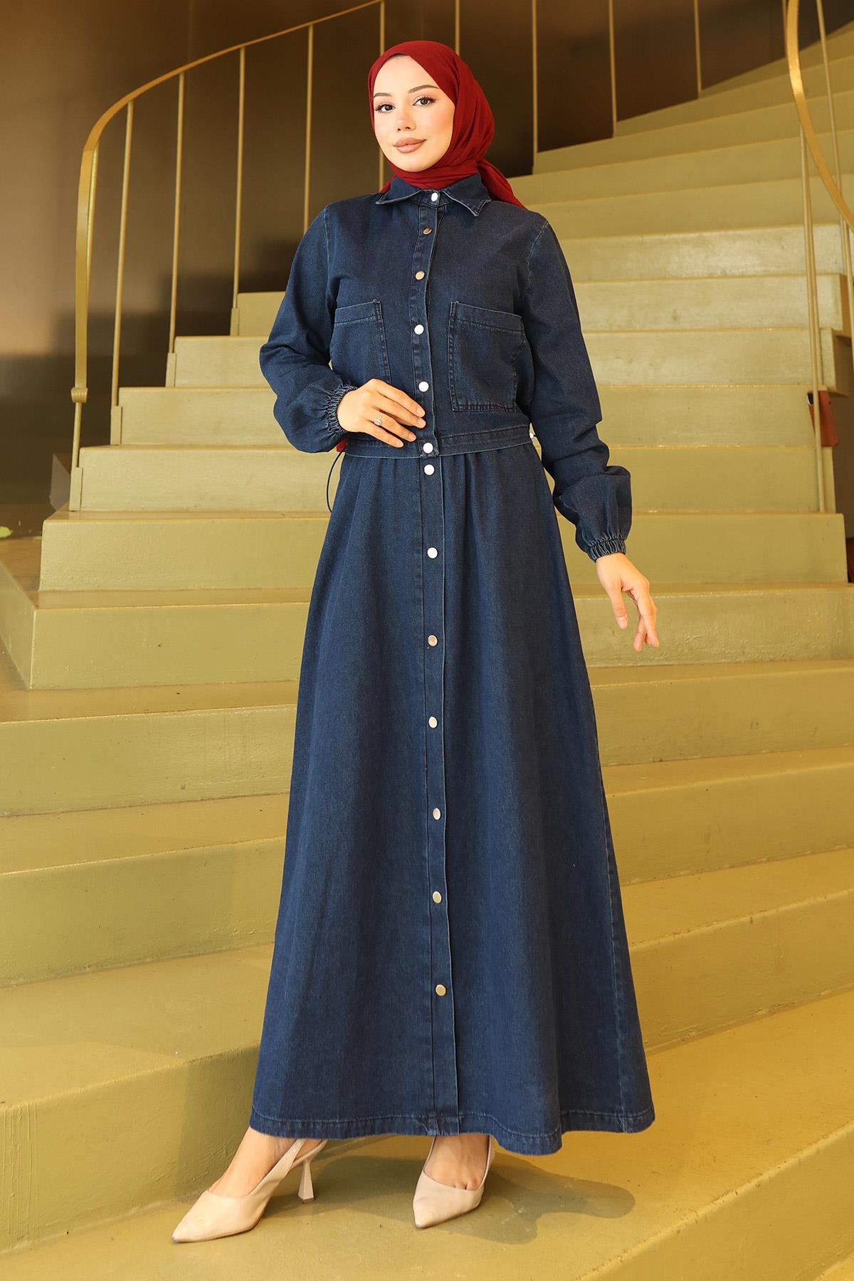 Boydan Düğmeli Ceketli Kot Takım Koyu Kot 19281