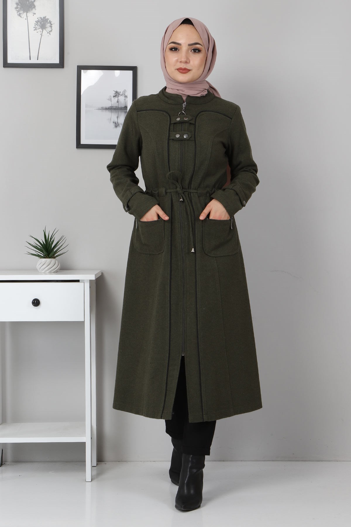 Brit Detaylı Kaşe Kaban Haki 10353