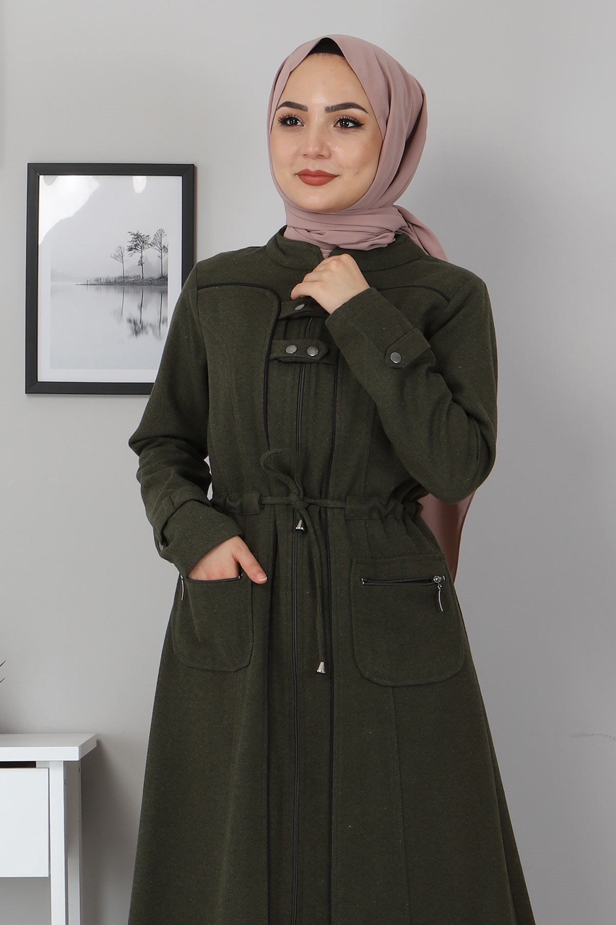 Brit Detaylı Kaşe Kaban Haki 10353