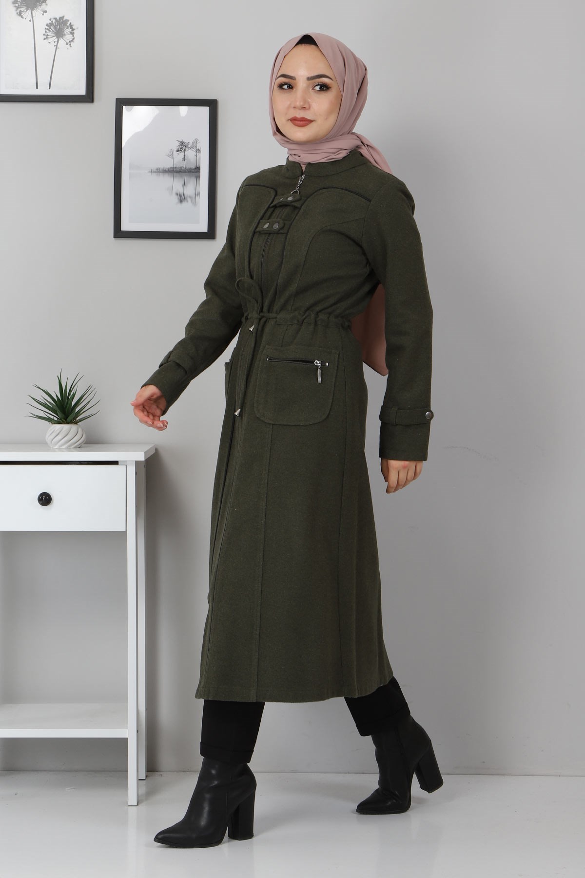 Brit Detaylı Kaşe Kaban Haki 10353
