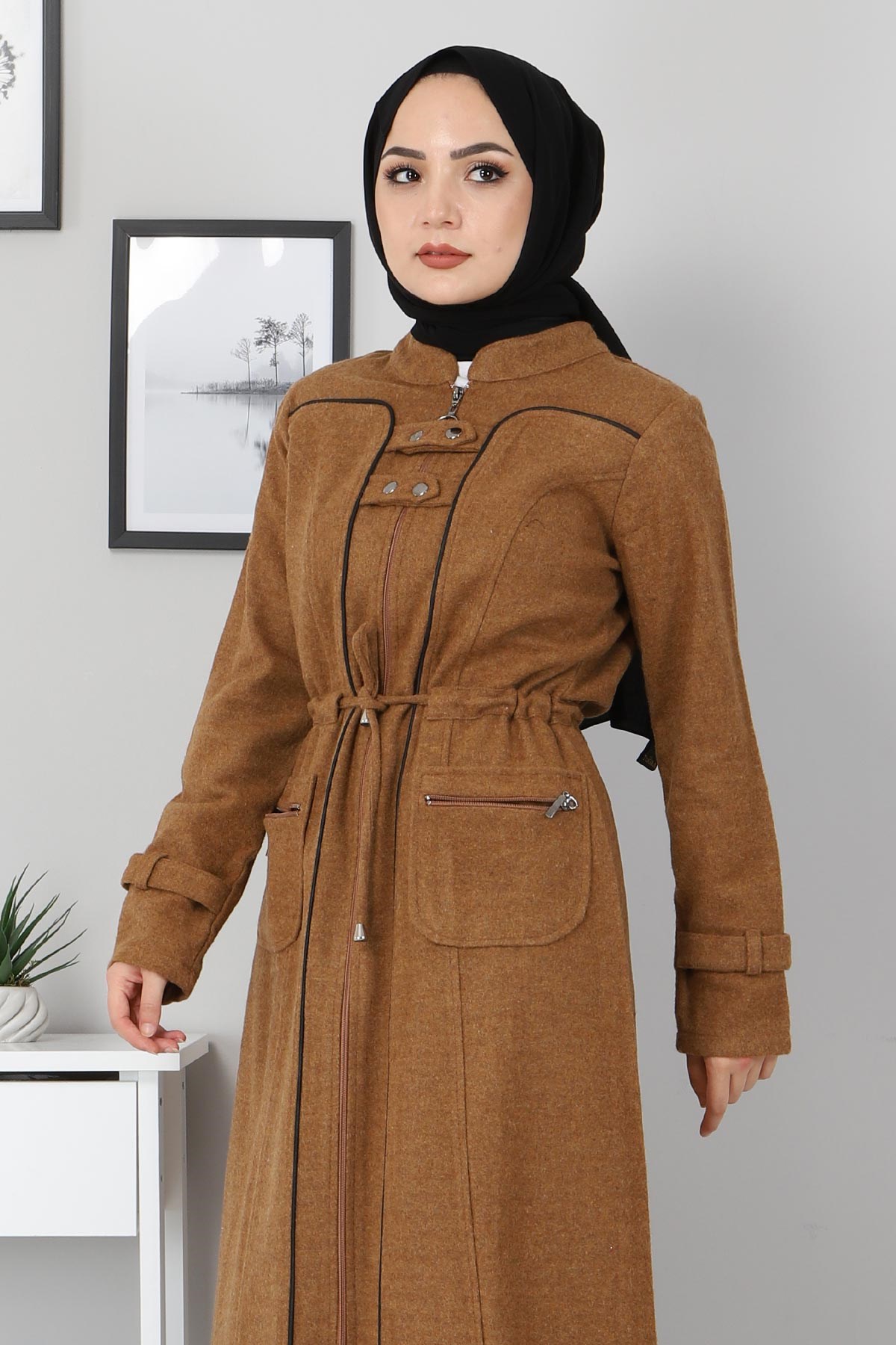 Brit Detaylı Kaşe Kaban Taba 10353