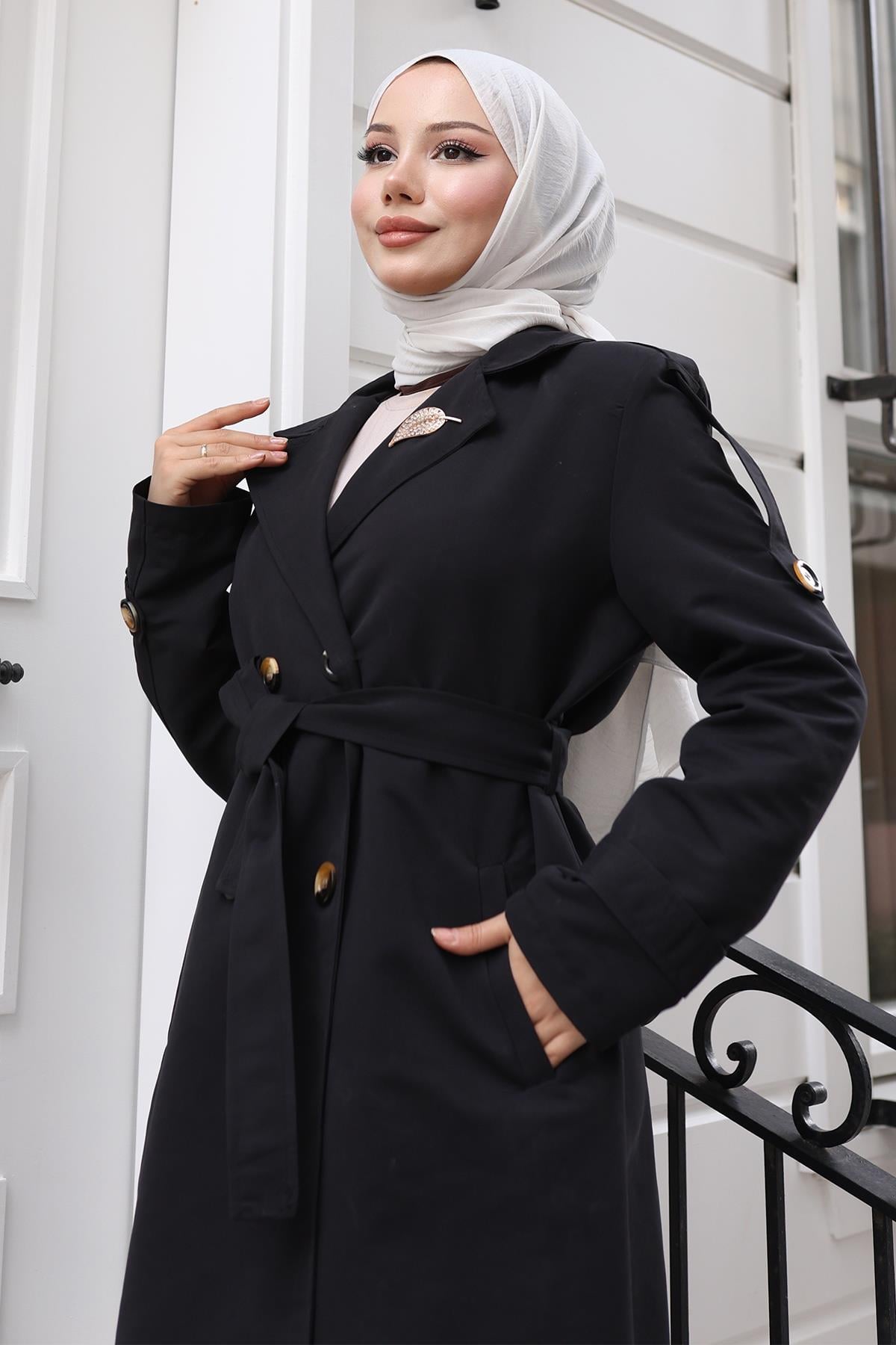 Broş Detaylı Düğmeli Trençkot Siyah 19371