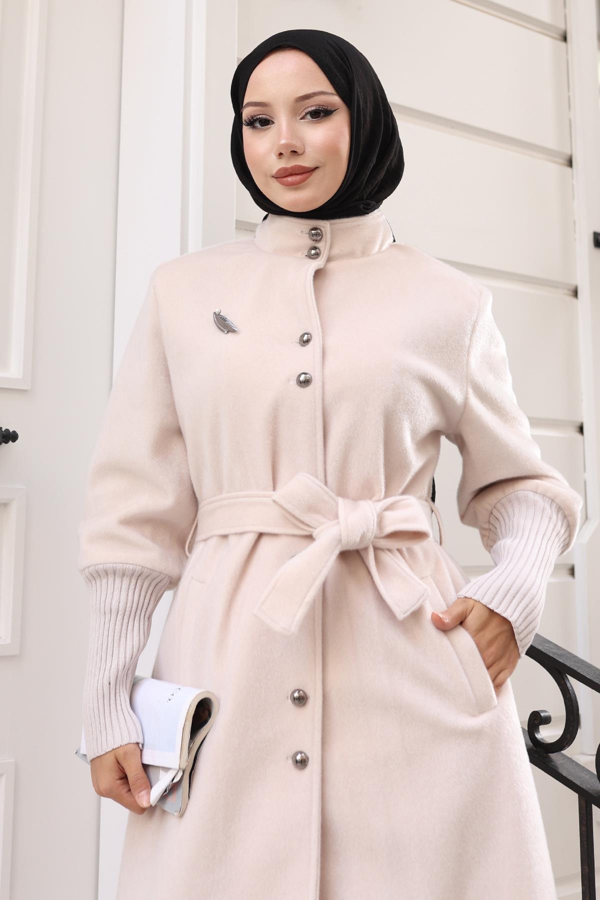 Broş Detaylı Kaban Bej 19279