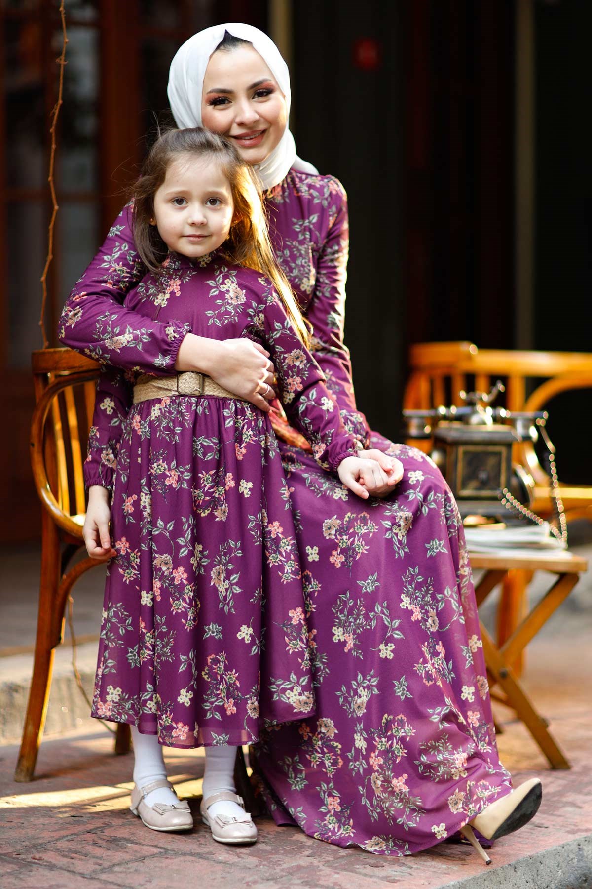 Büyük Çiçekli Anne Elbise Mürdüm 10479