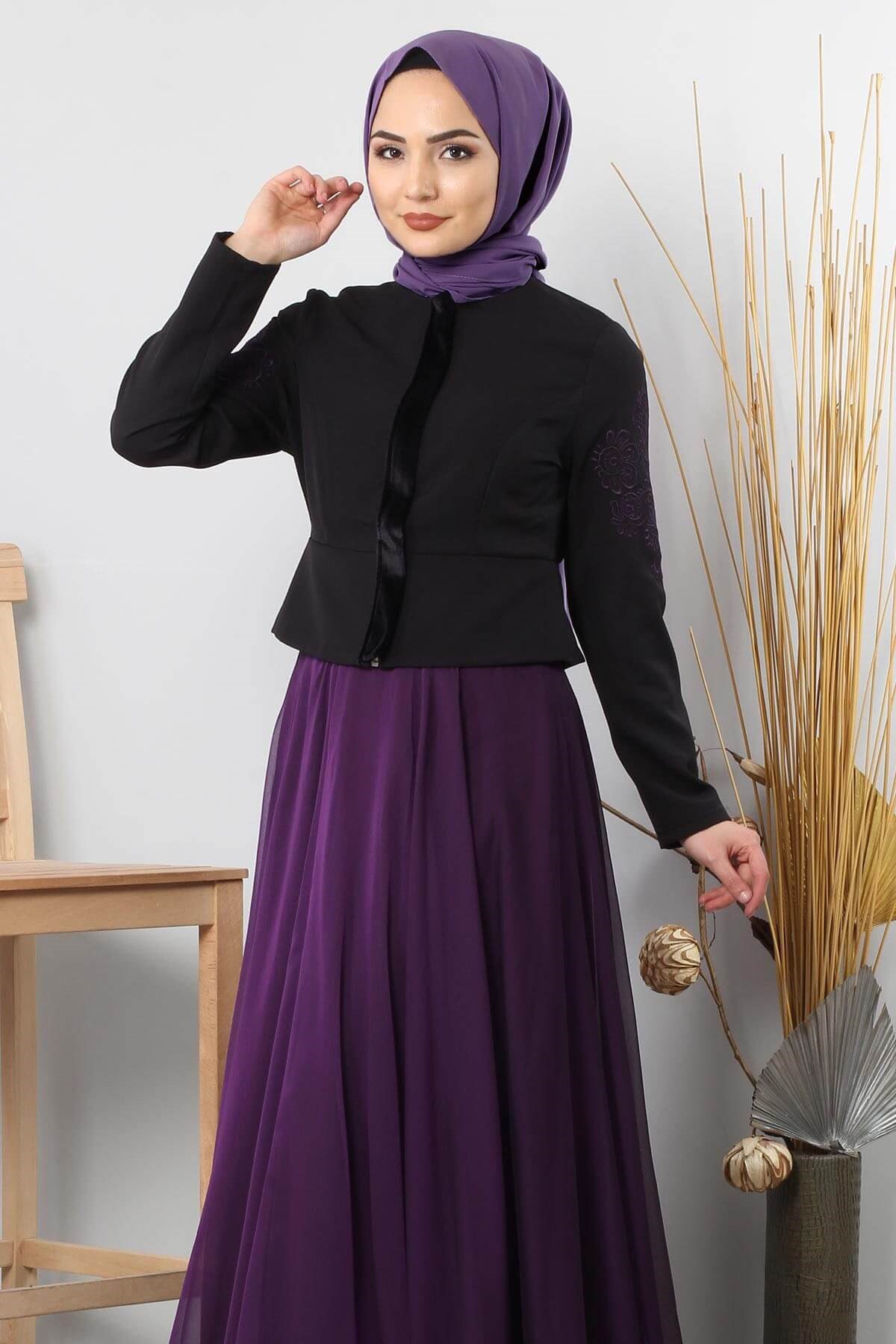 Ceketi Nakışlı Tesettür Kombin Mor 8942
