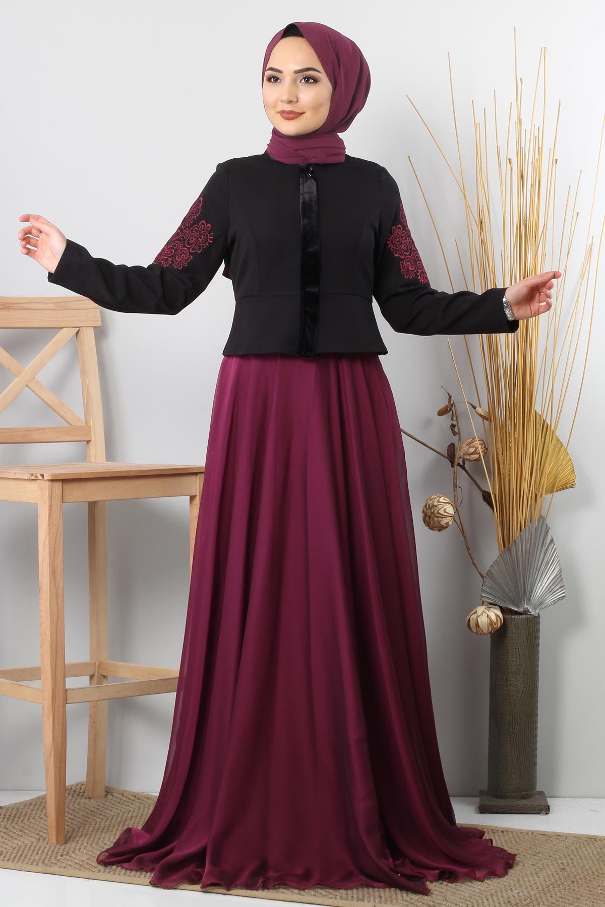 Ceketi Nakışlı Tesettür Kombin Mürdüm 8942