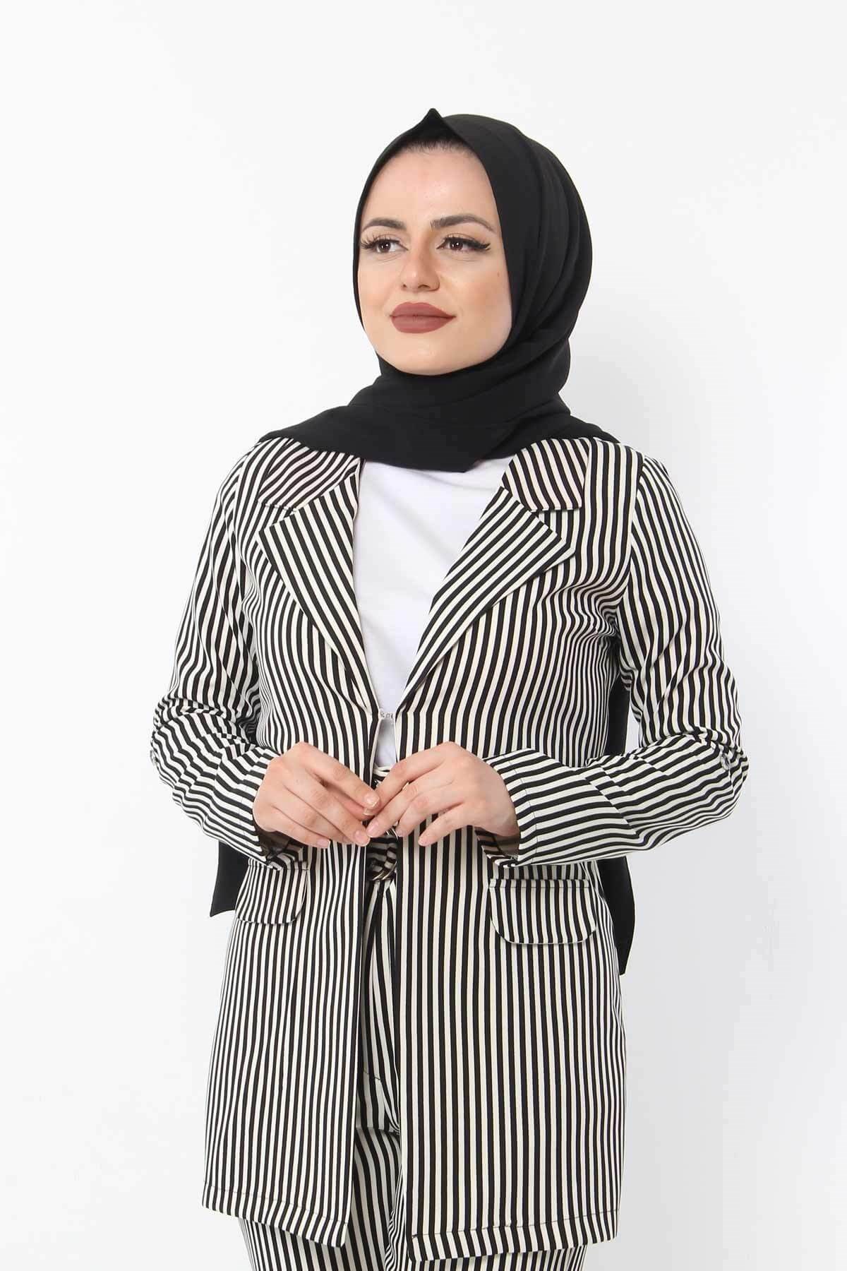 Ceketli Tesettür Kombin Siyah Beyaz Çizgili 9956-22