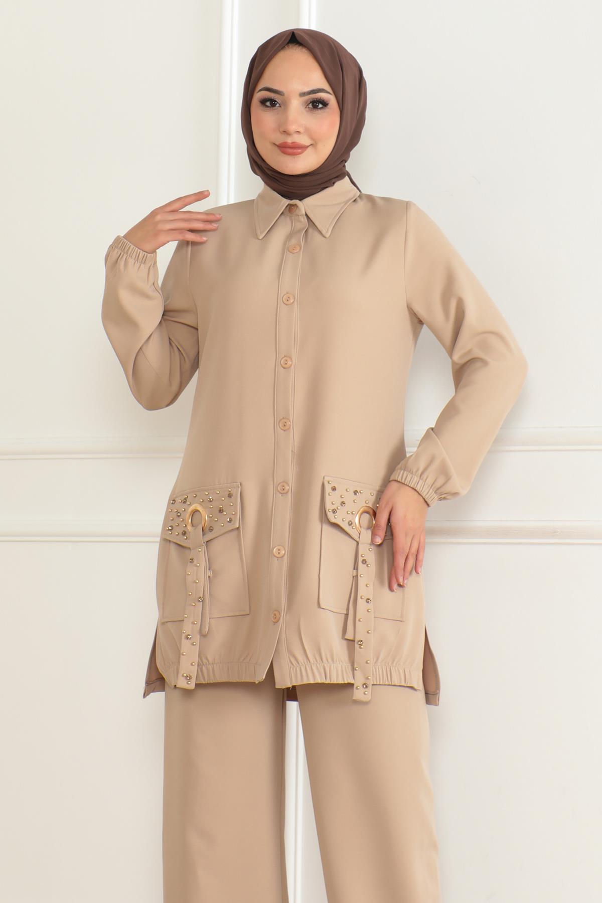 Cep Detaylı Takım Bej 19229