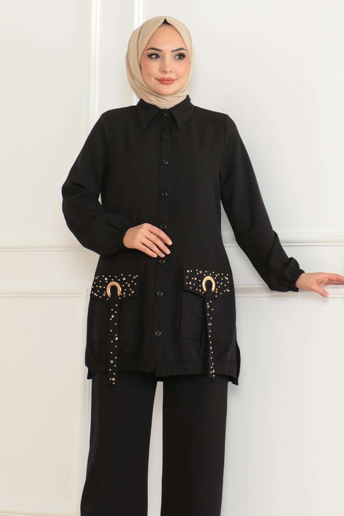 Cep Detaylı Takım Siyah 19229