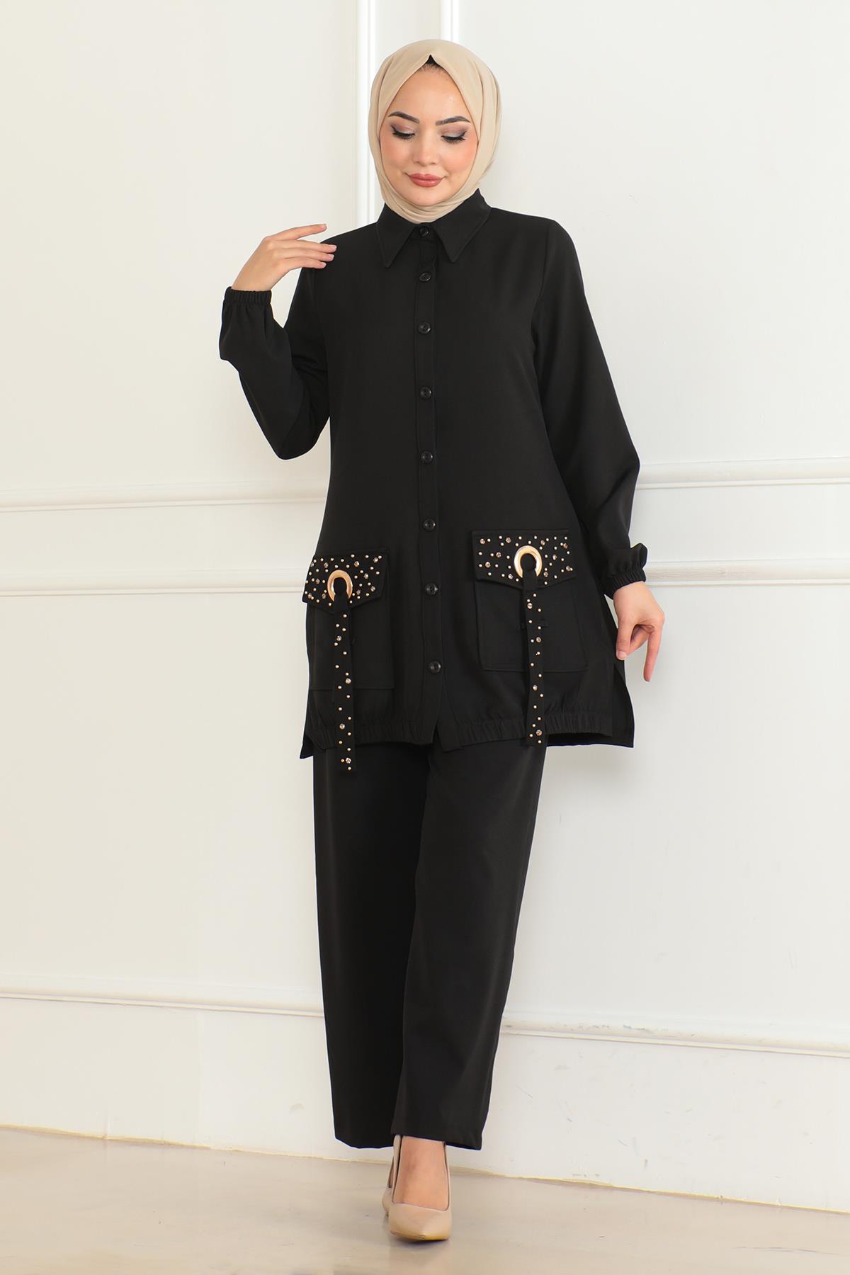 Cep Detaylı Takım Siyah 19229