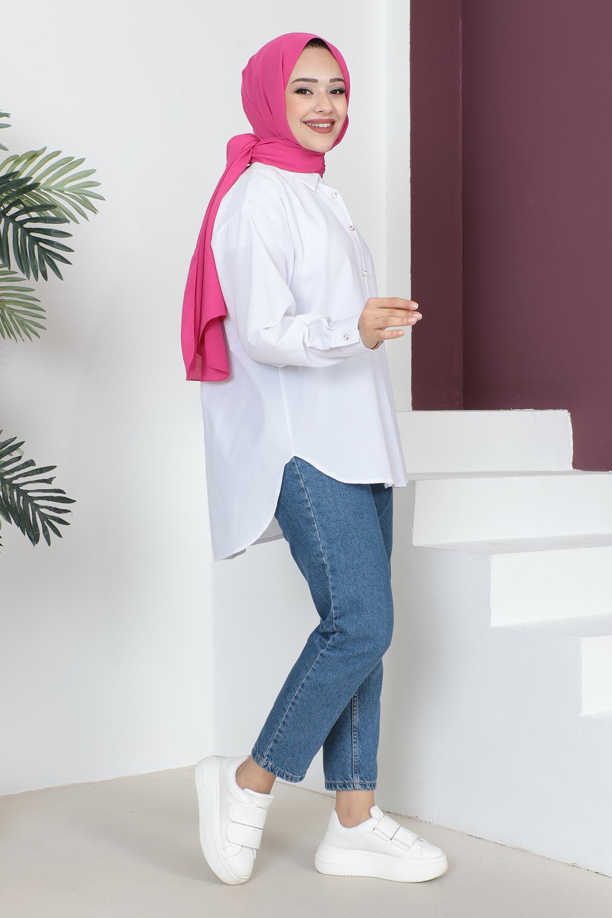 Cepli Oversize Gömlek Beyaz 6067