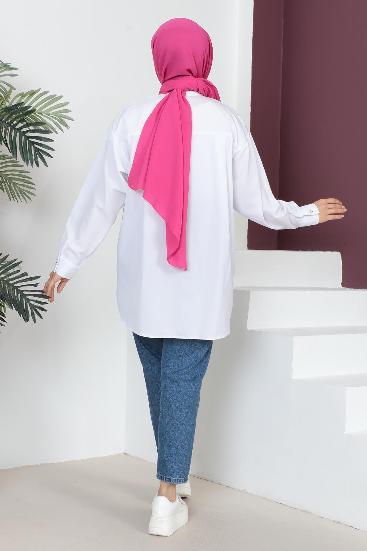 Cepli Oversize Gömlek Beyaz 6067
