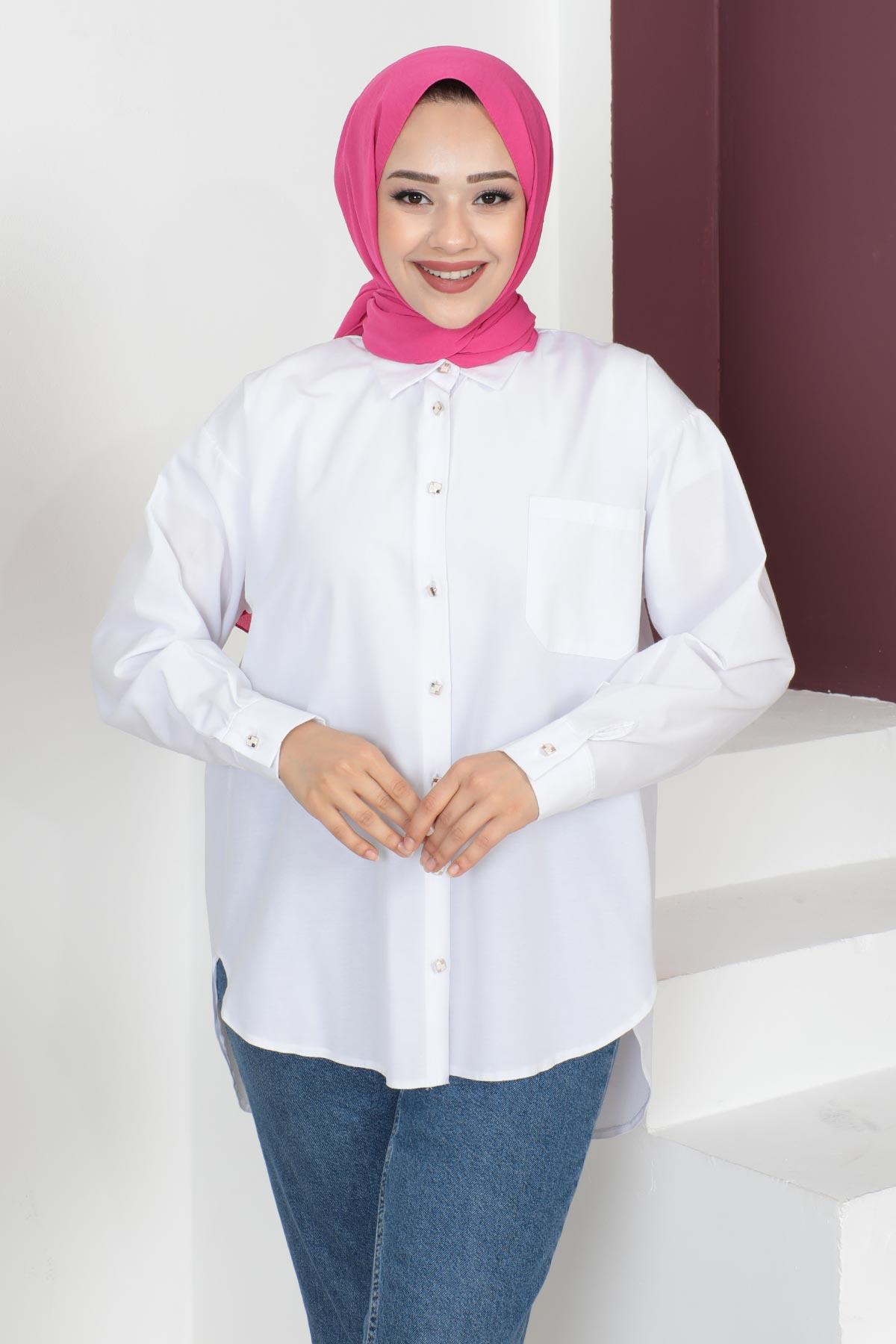 Cepli Oversize Gömlek Beyaz 6067
