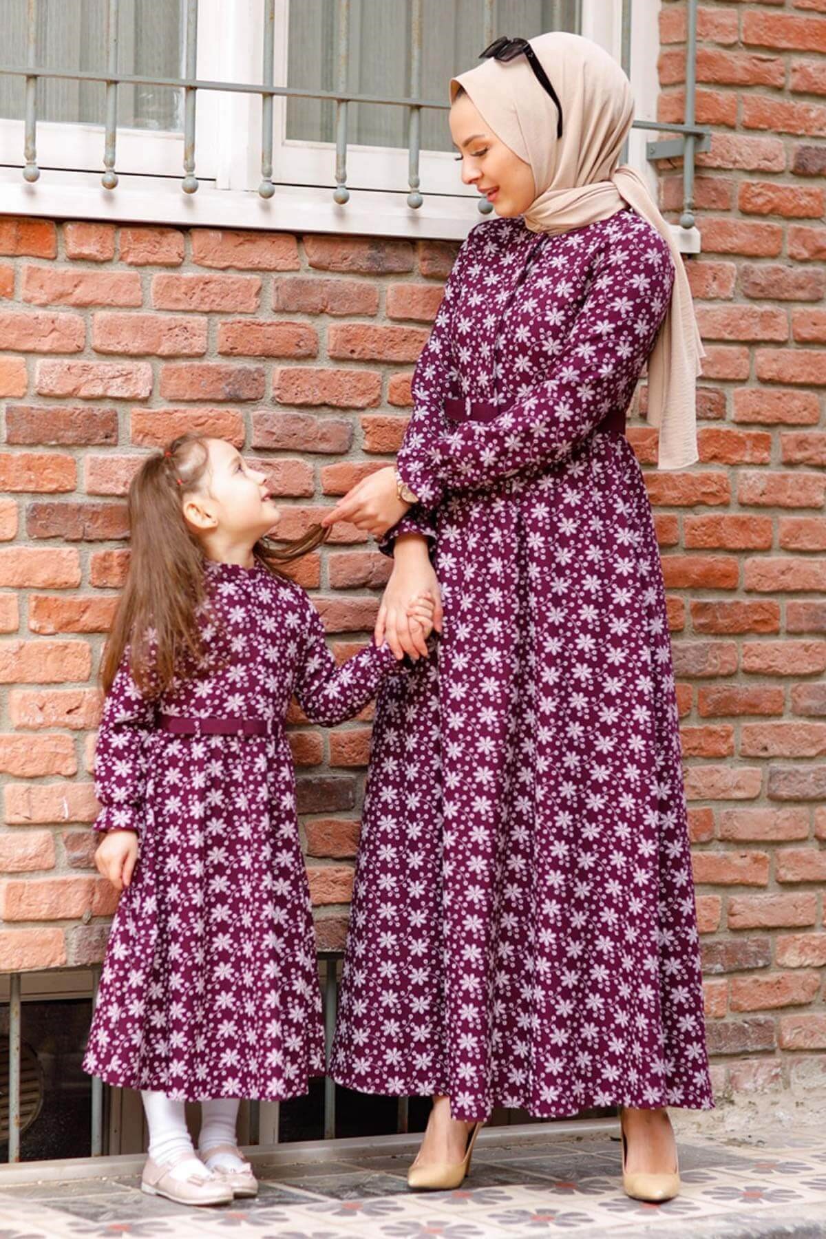 Çiçek Desenli Çocuk Elbise Mürdüm 10524