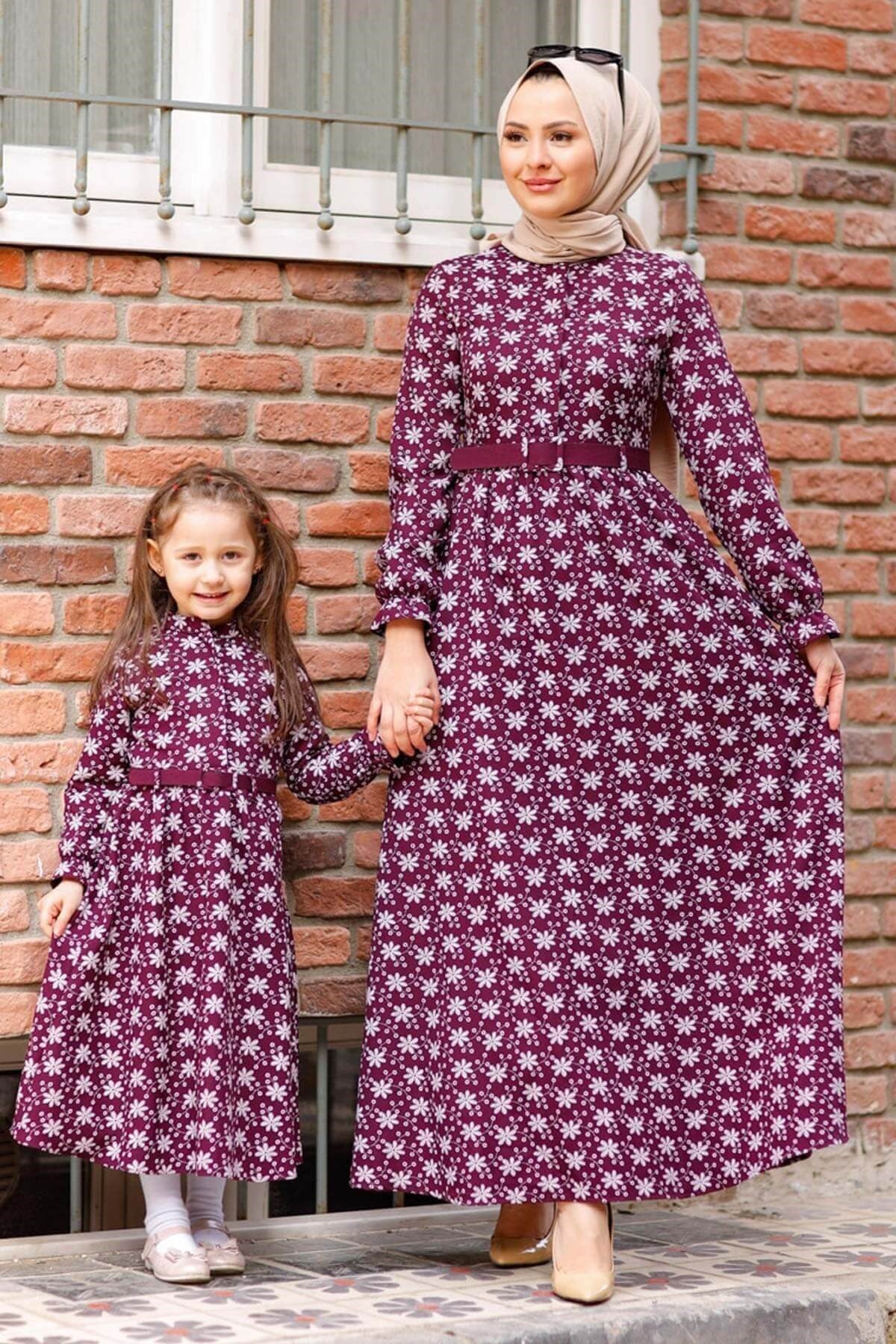 Çiçek Desenli Çocuk Elbise Mürdüm 10524