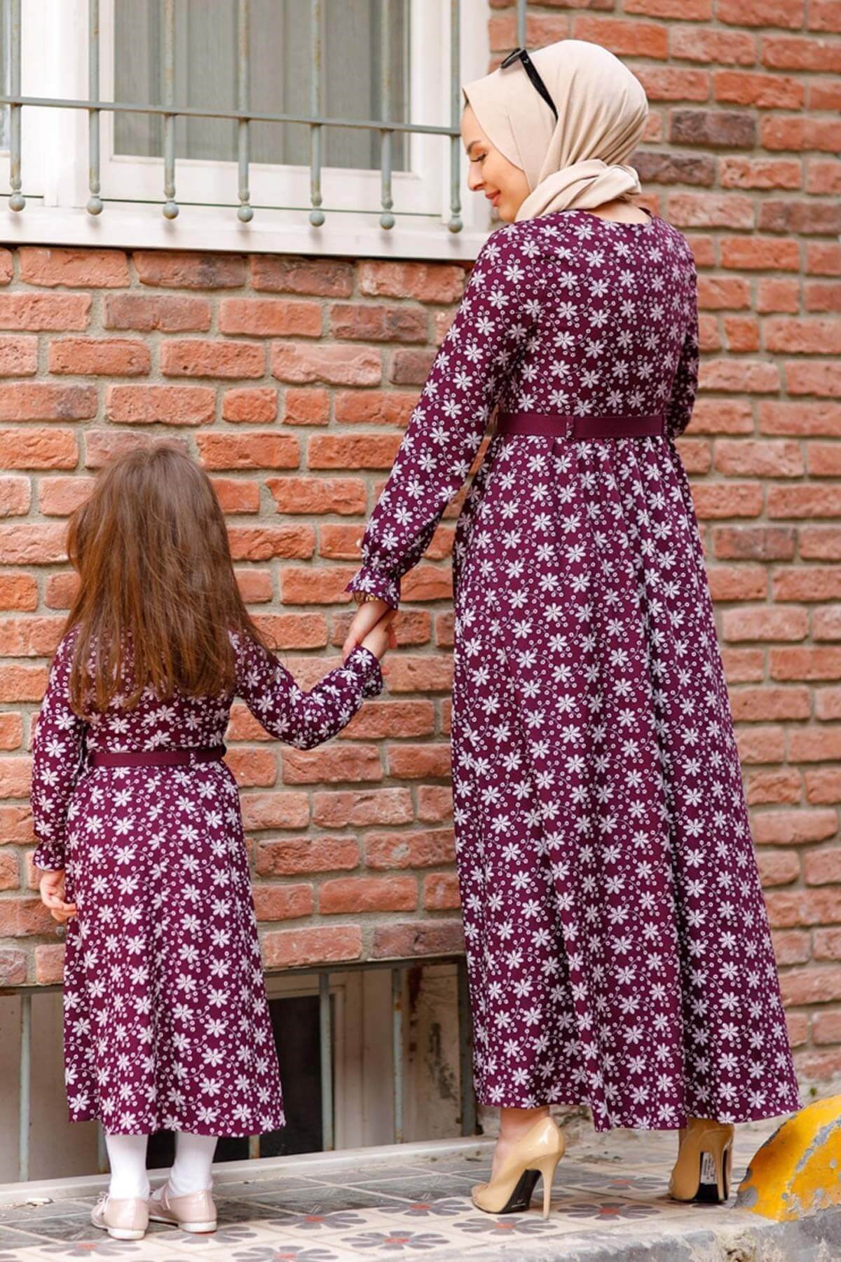 Çiçek Desenli Çocuk Elbise Mürdüm 10524