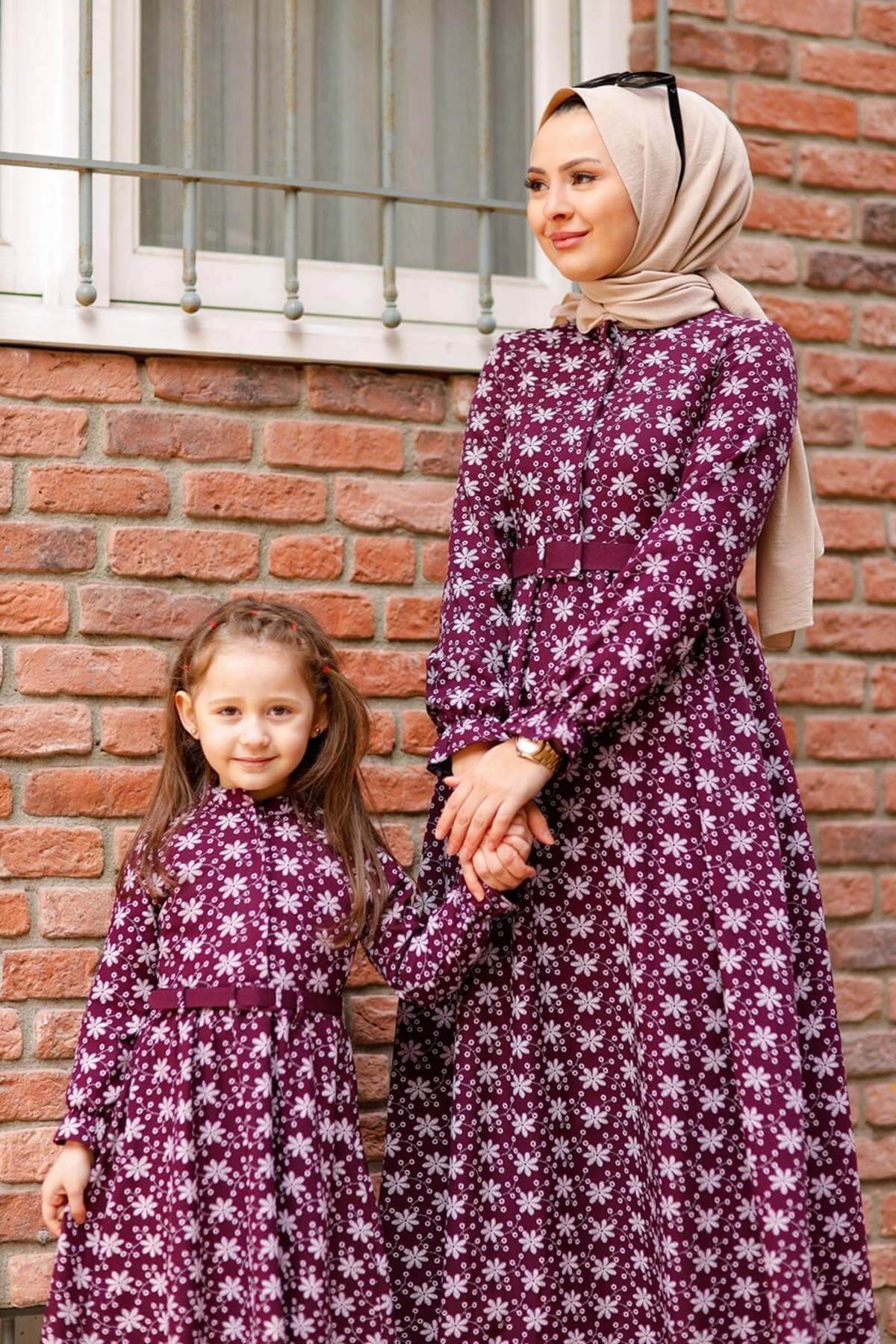 Çiçek Desenli Çocuk Elbise Mürdüm 10524