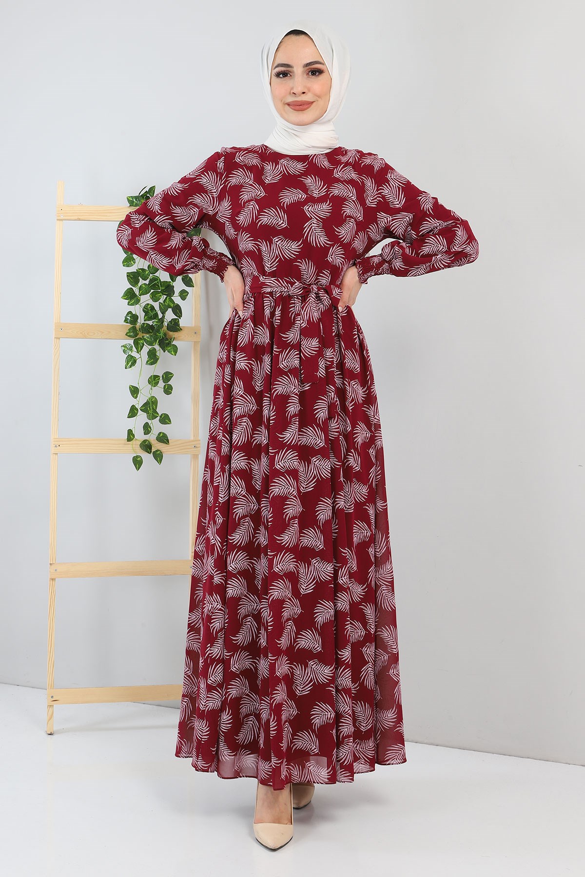 Çiçek Desenli Elbise Bordo 12001
