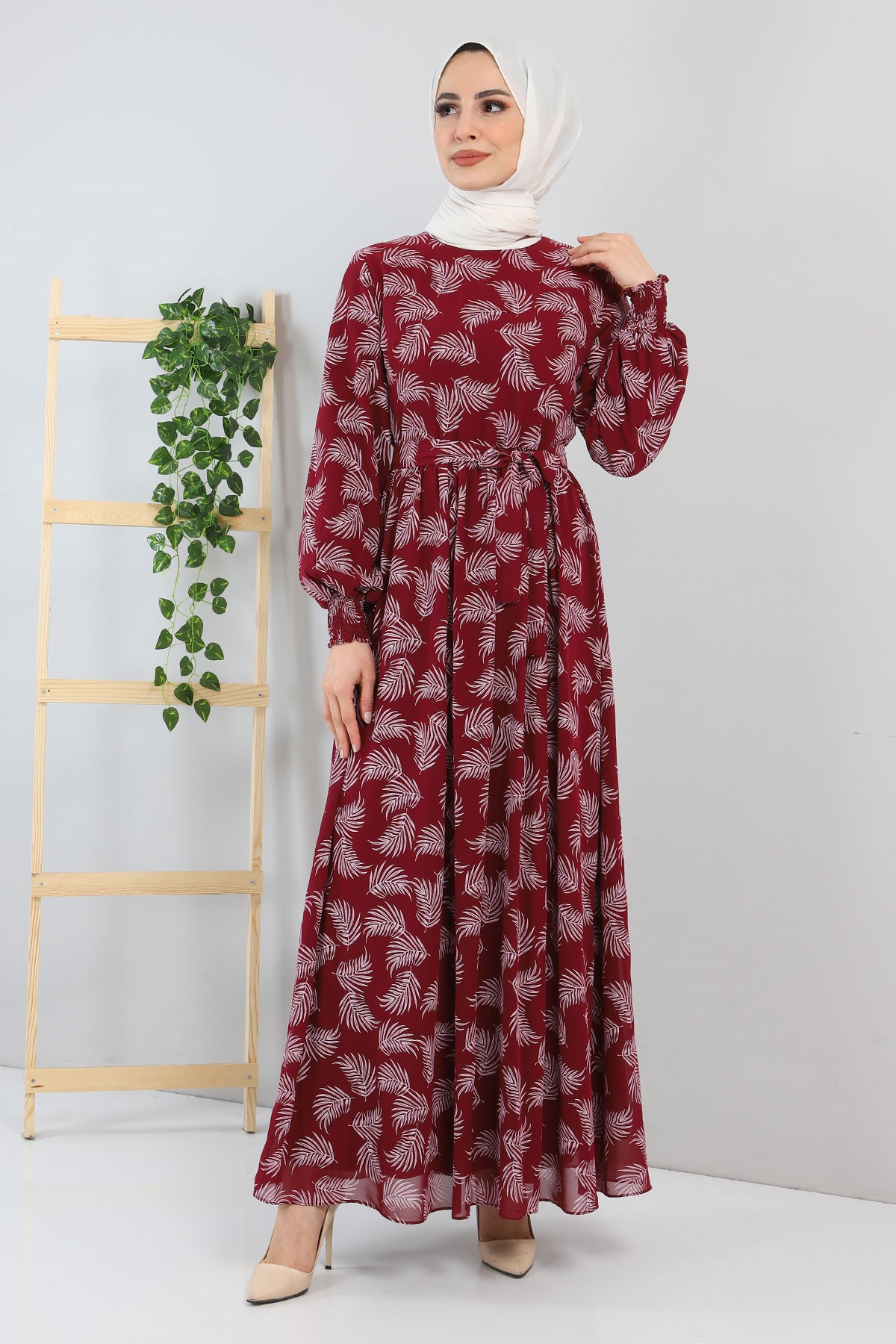 Çiçek Desenli Elbise Bordo 12001