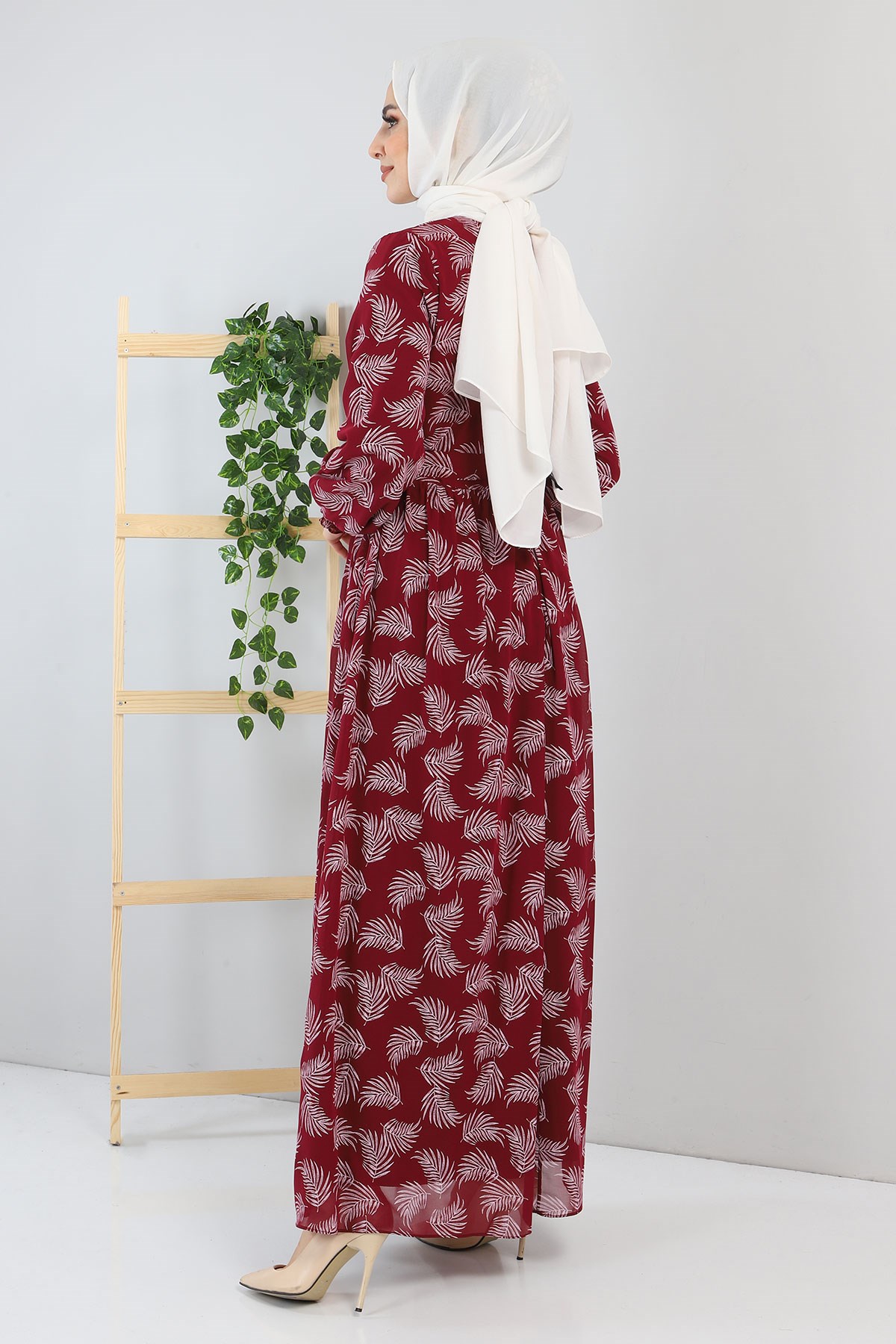 Çiçek Desenli Elbise Bordo 12001