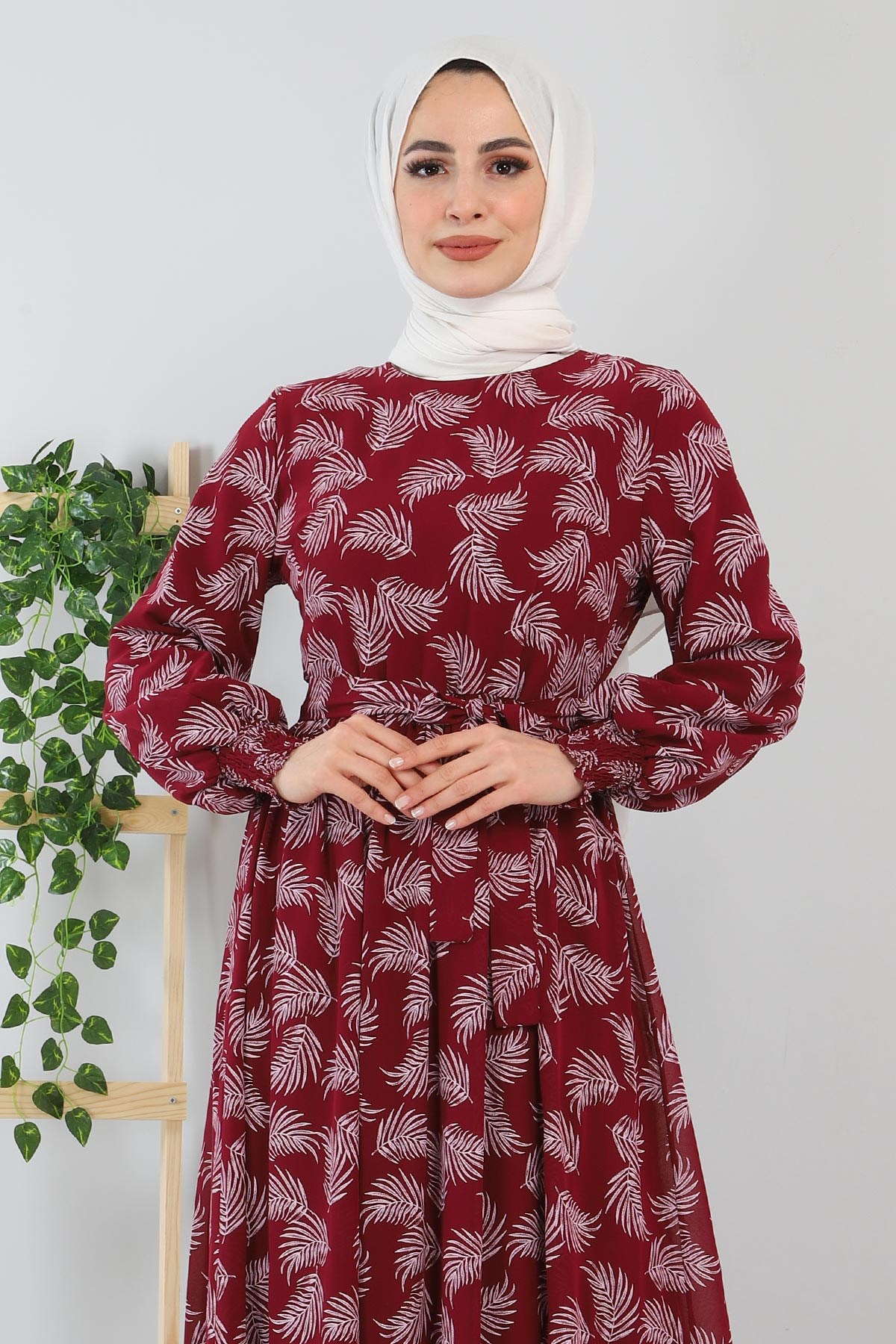 Çiçek Desenli Elbise Bordo 12001