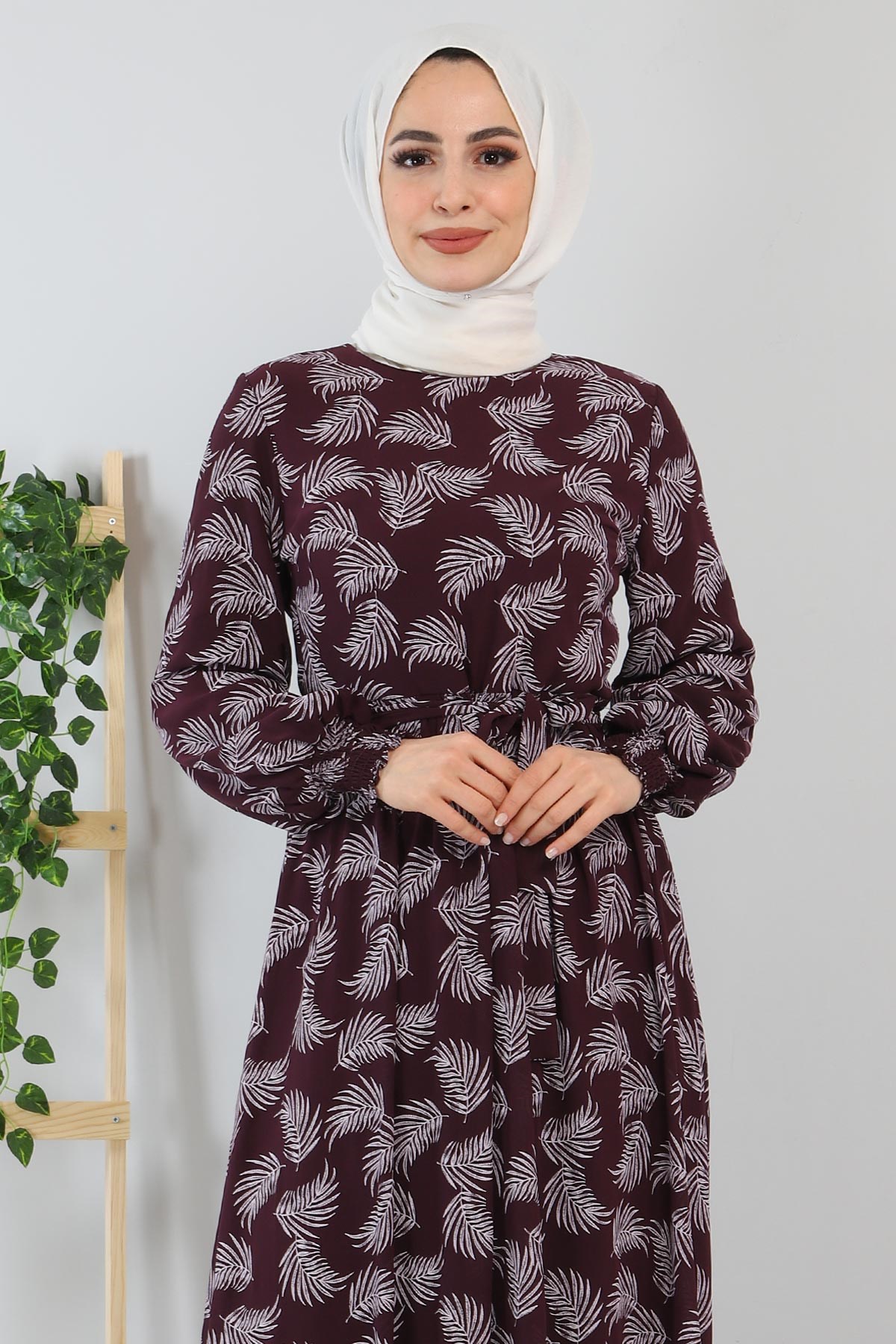 Çiçek Desenli Elbise Mürdüm 12001