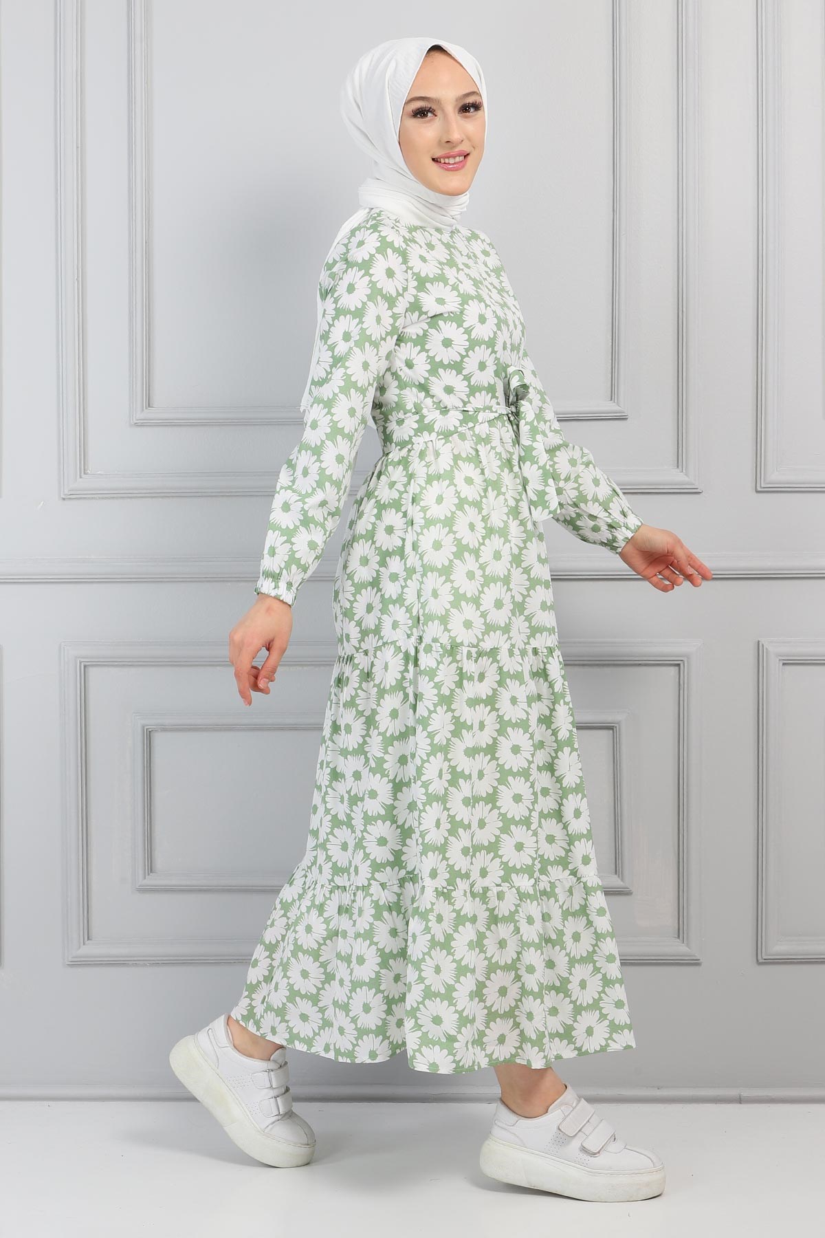Çiçek Desenli Kemerli Elbise Mint 13600