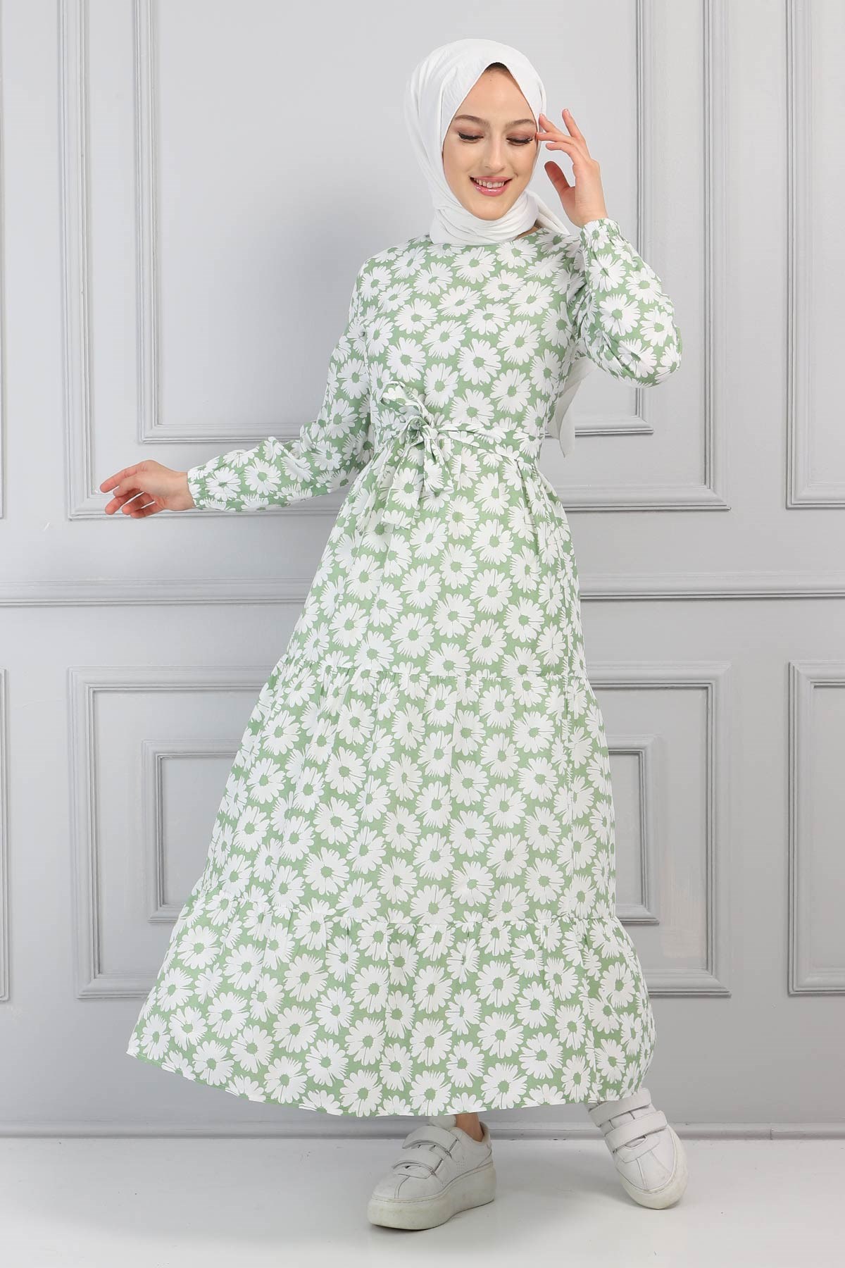 Çiçek Desenli Kemerli Elbise Mint 13600