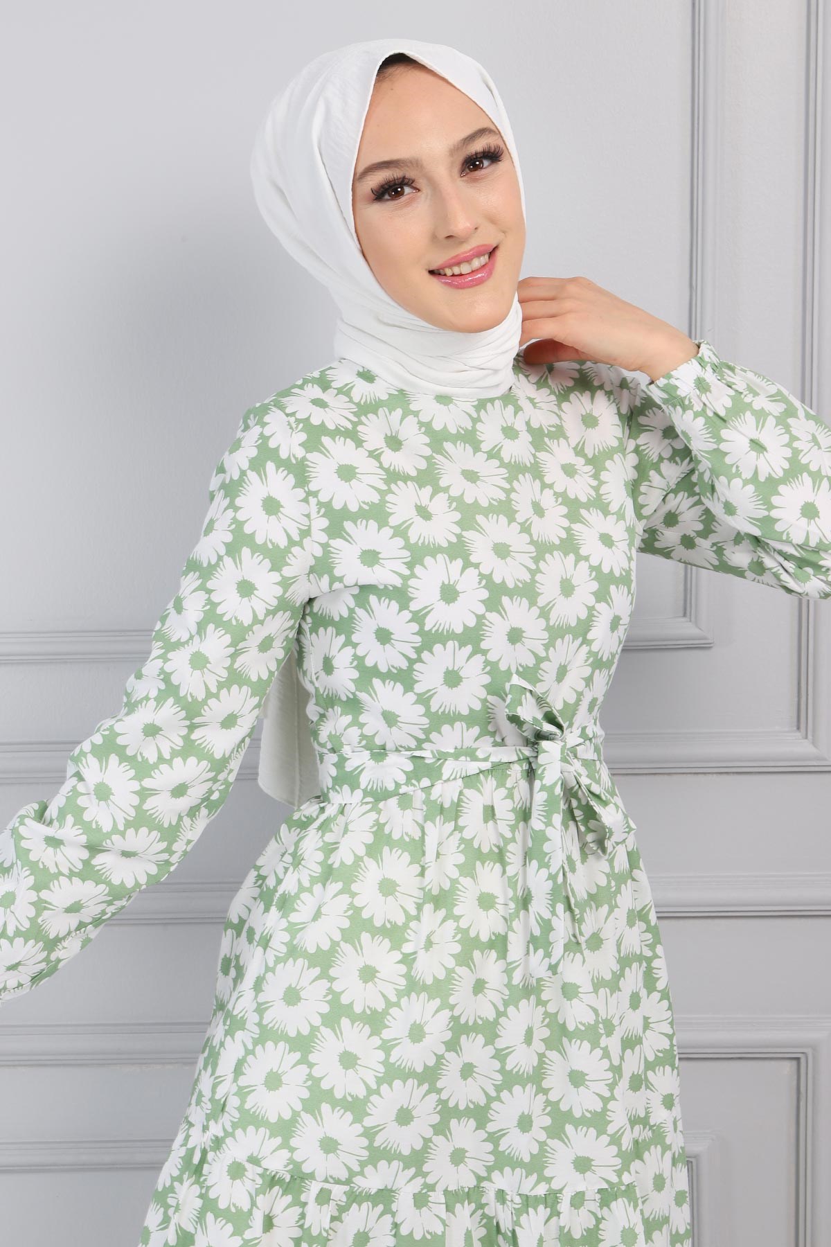 Çiçek Desenli Kemerli Elbise Mint 13600