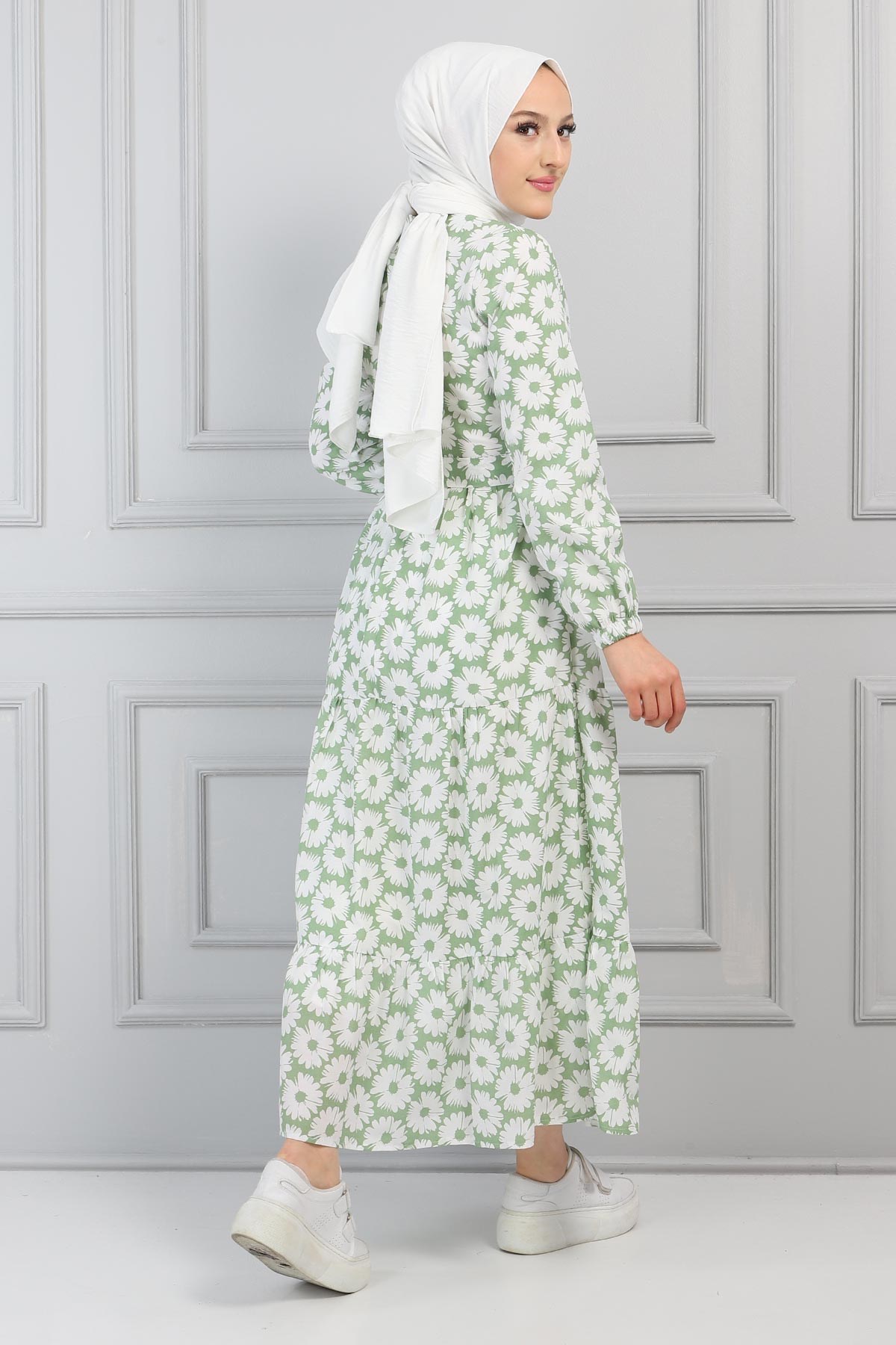 Çiçek Desenli Kemerli Elbise Mint 13600