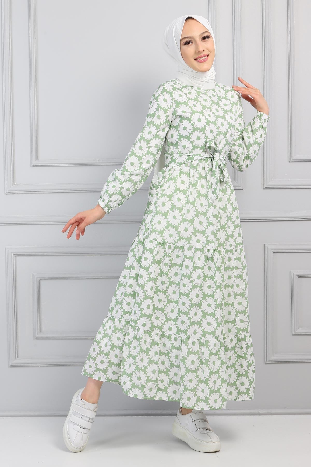 Çiçek Desenli Kemerli Elbise Mint 13600
