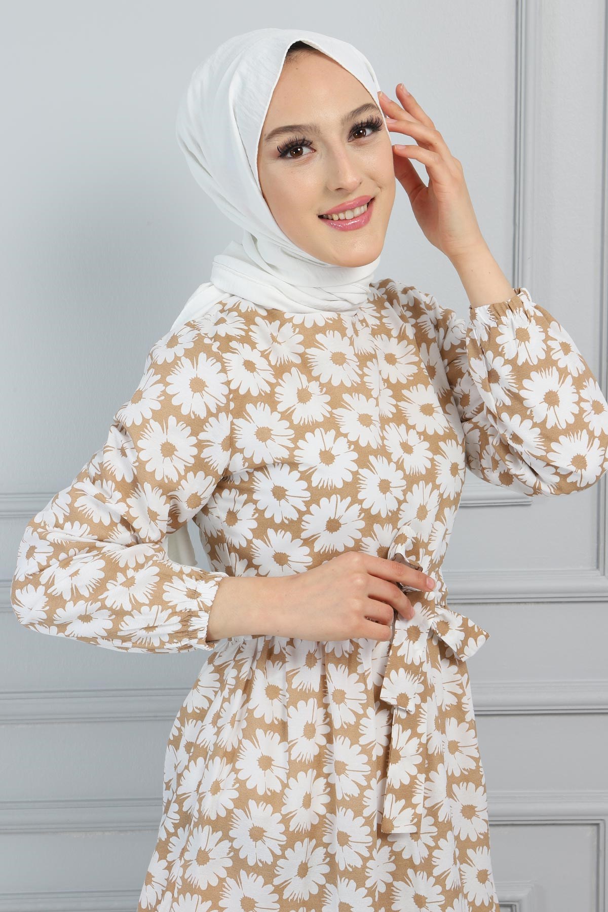 Çiçek Desenli Kemerli Elbise Vizon 13600