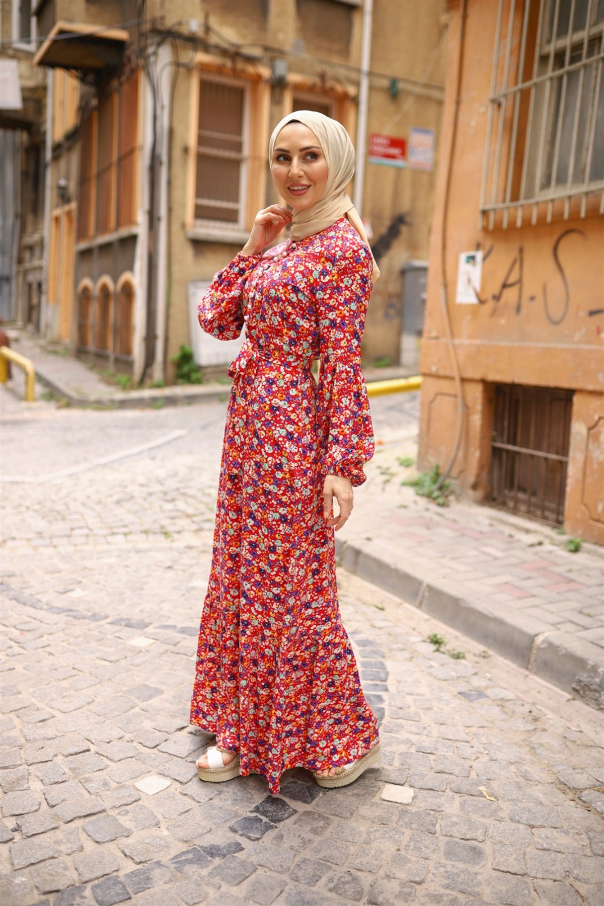 Çiçek Desenli Tesettür Elbise Bordo Bordo 10157-9