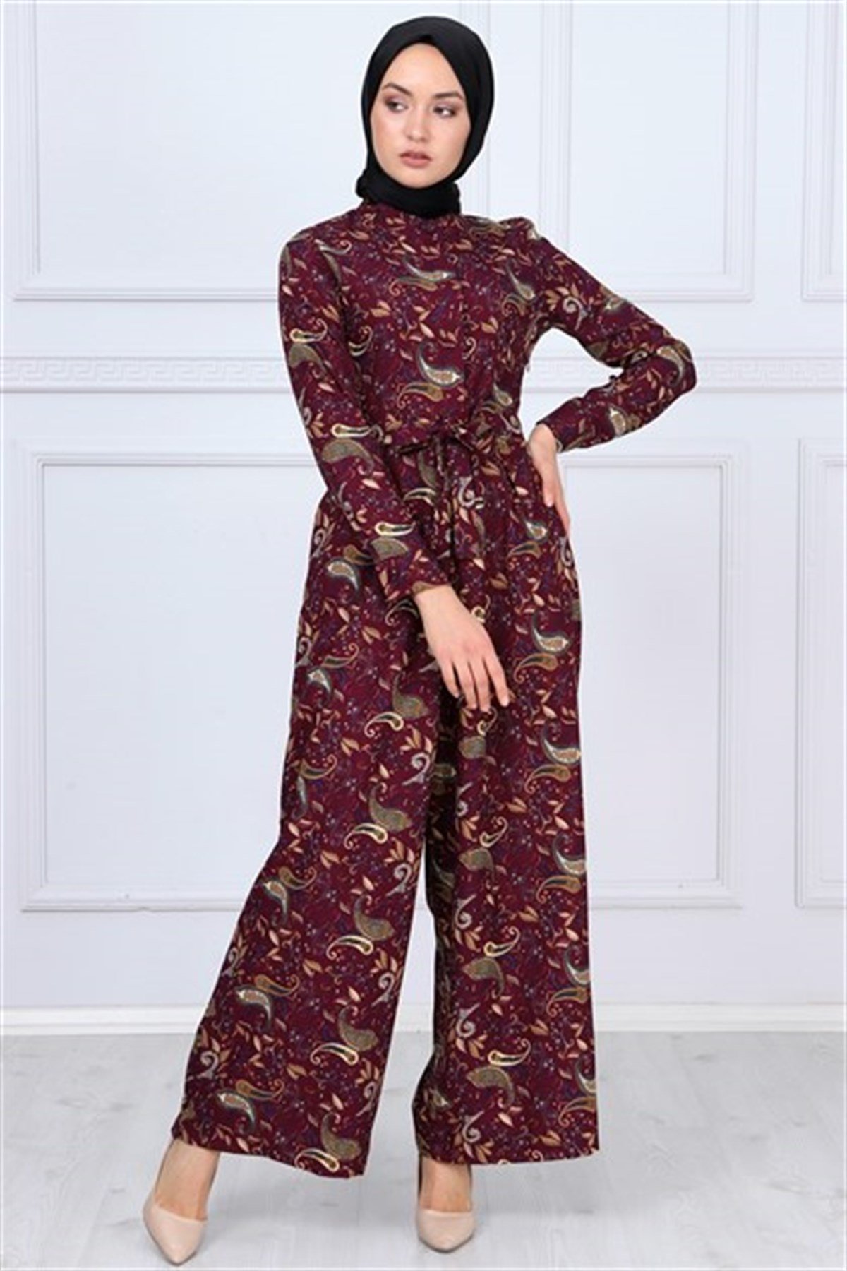 Çiçek Desenli Tesettür Tulum Bordo Bordo 9809-1-38