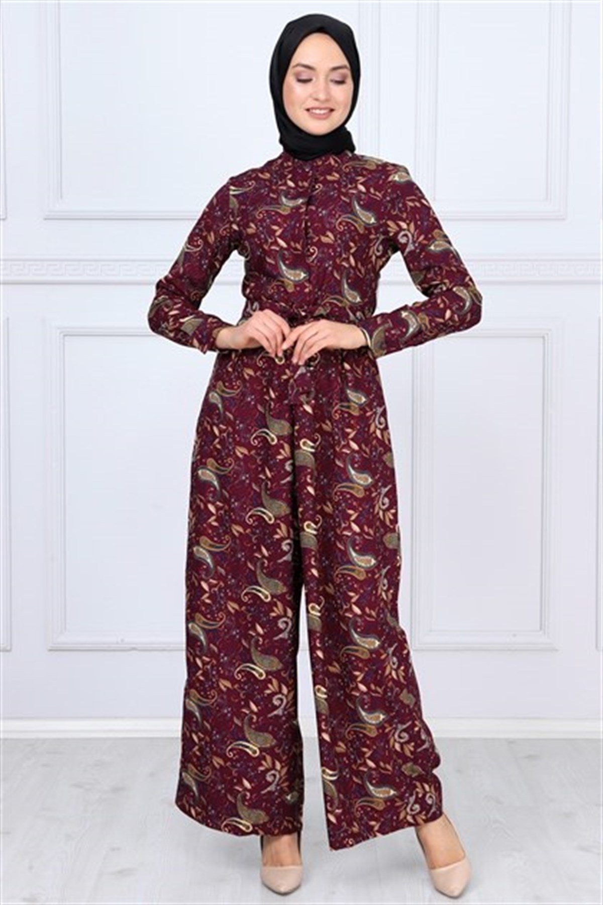 Çiçek Desenli Tesettür Tulum Bordo Bordo 9809-1-38